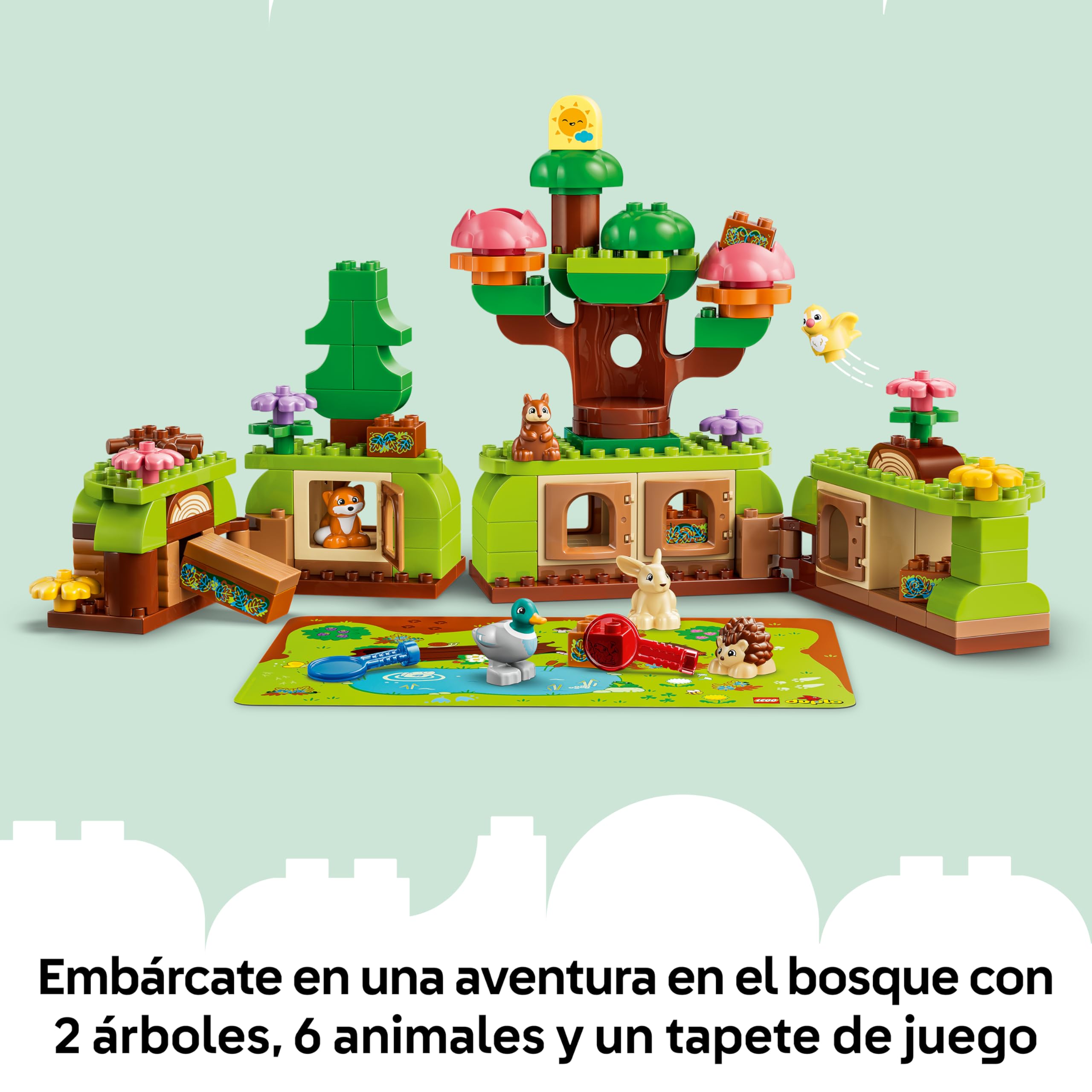 LEGO Duplo Bosque de los Descubrimientos con Animales Salvajes – Juego Educativo – Juguete Montessori con Figuras de Animales, Árboles y Tapete – Regalo para Niñas y Niños de 3+ Años – 10480