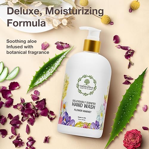 Miniatura 3 de Jabón líquido de manos de aromaterapia de lujo, vegano, lavado de manos hidratante con aloe vera, aceites botánicos, aroma de mercado de flores,