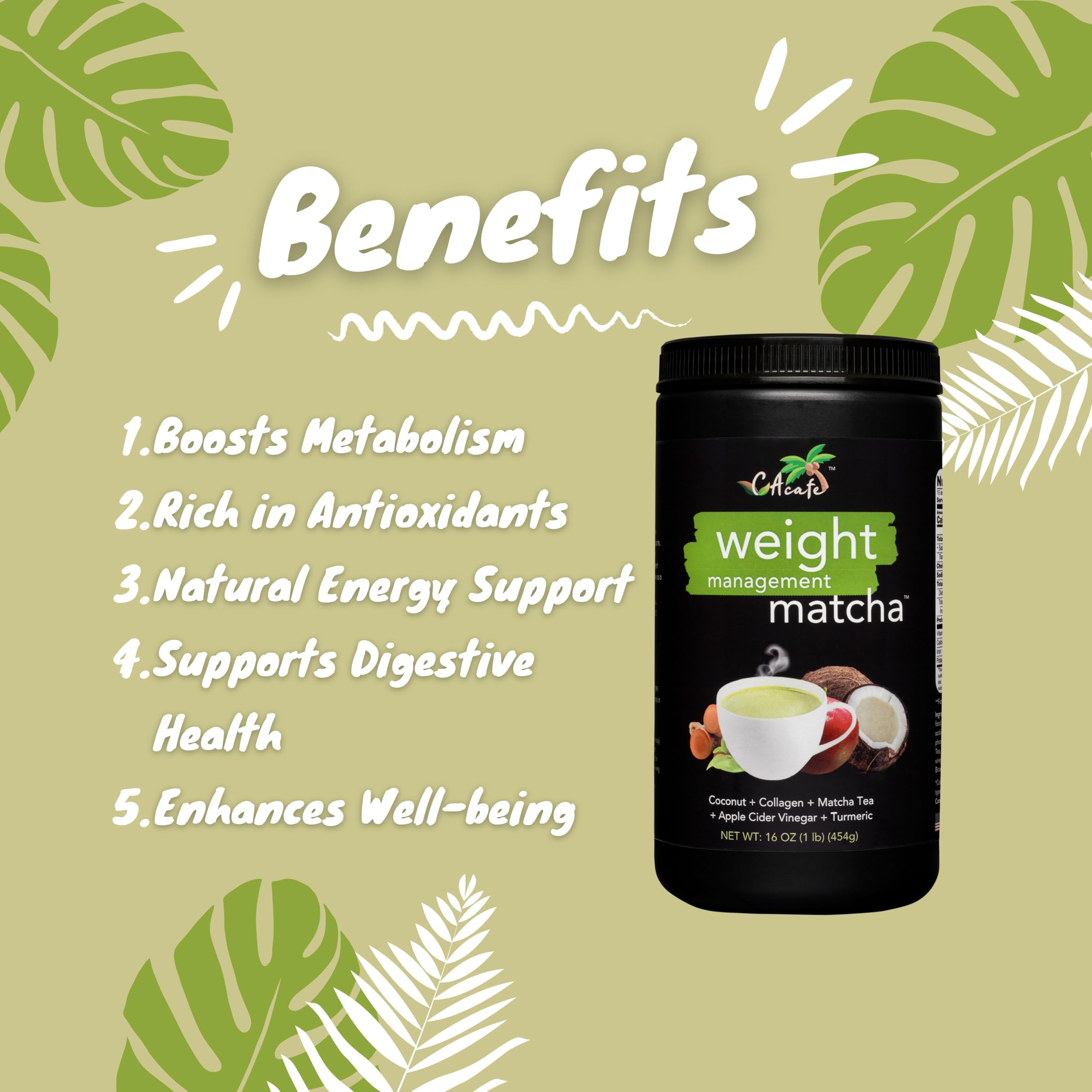 CAcafe ACV Turmeric Matcha Tea 9g Protein Superfoods Blend ACV Turmeric Collagen Coconut Matcha Instant Hot Cold Mix — view 3