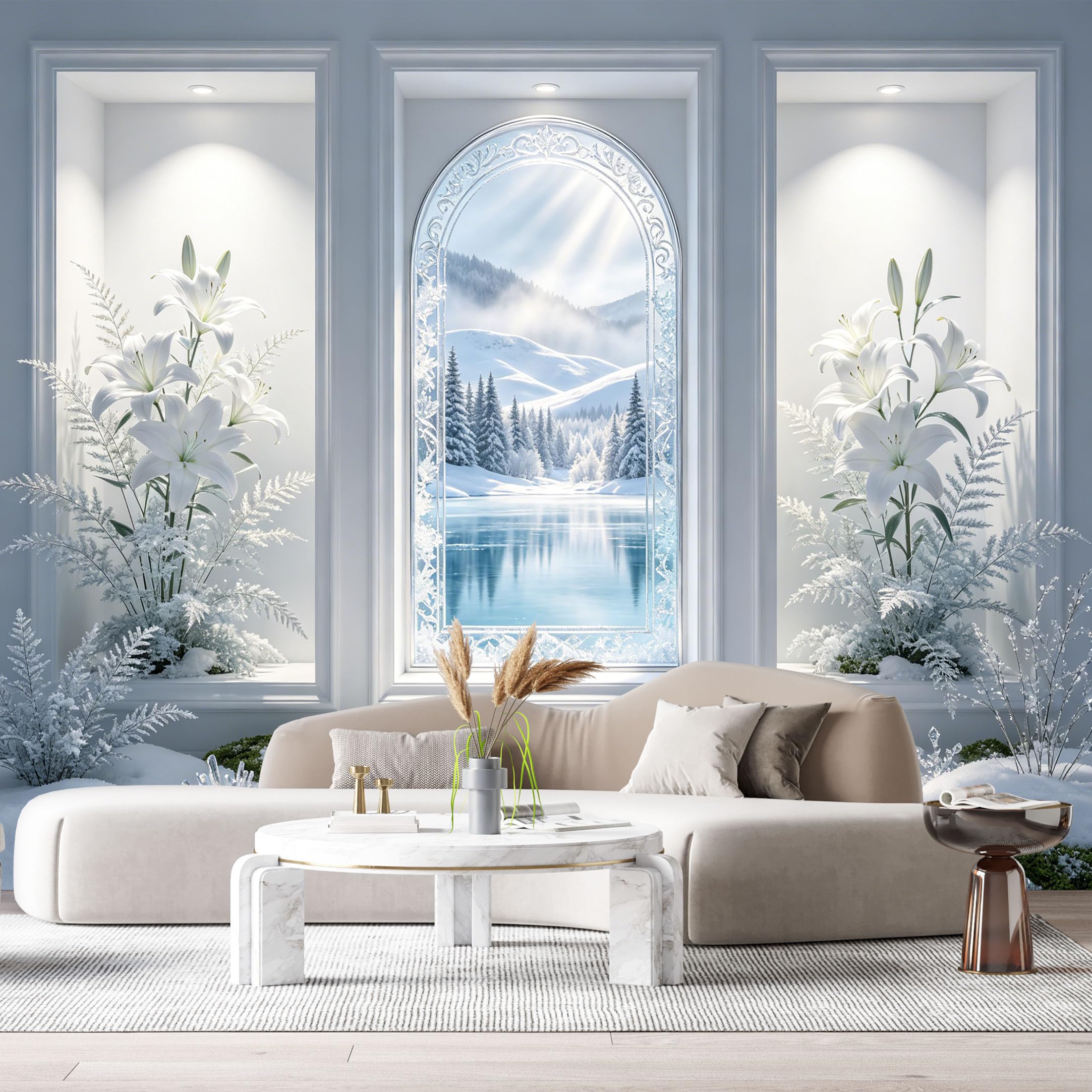 Custom Size Wall Murals White Lily Flower Window View Mountain Lake Forest 3D Trompe L'Oeil SelfAdhesive Wall Fabric Removable Large Wallpaper for Photo Living Room