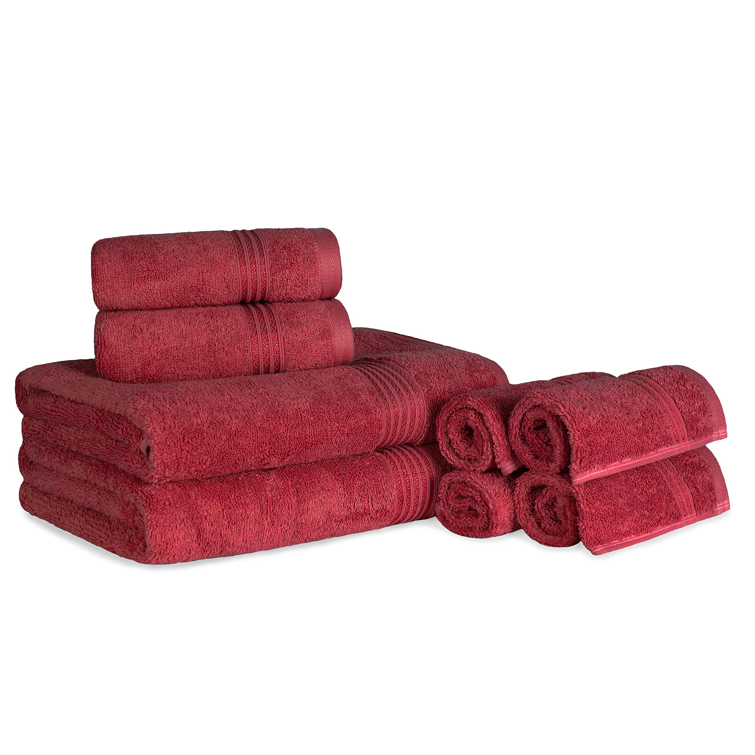 SUPERIOR Egyptian Cotton 8-Piece Towel Set, Assorted Towels for Home Bathroom, Guest Bath Decor Essentials, Includes 2 Bath, 4 Hand, 2 Face Towels/Washcloths, Quick Dry, Absorbent - Burgundy