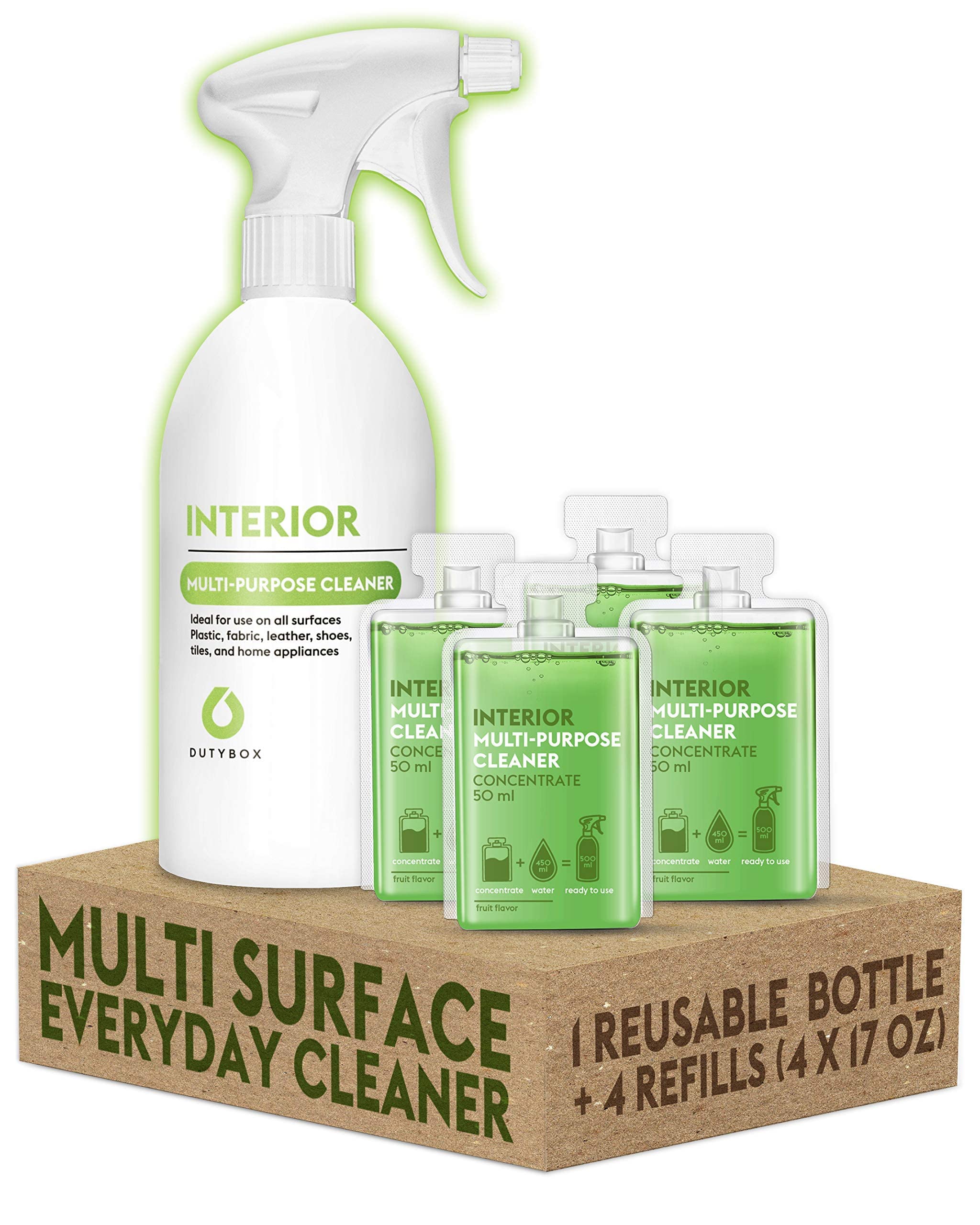DutyBox Interior - Multi Surface Everyday Cleaner, All Purpose Household Cleaning Product. Refillable, Multipurpose, Multi-Surface Products for Your Home (1 Reusable Spray Bottle with 4 Refill Packs) (Cleaning Set)