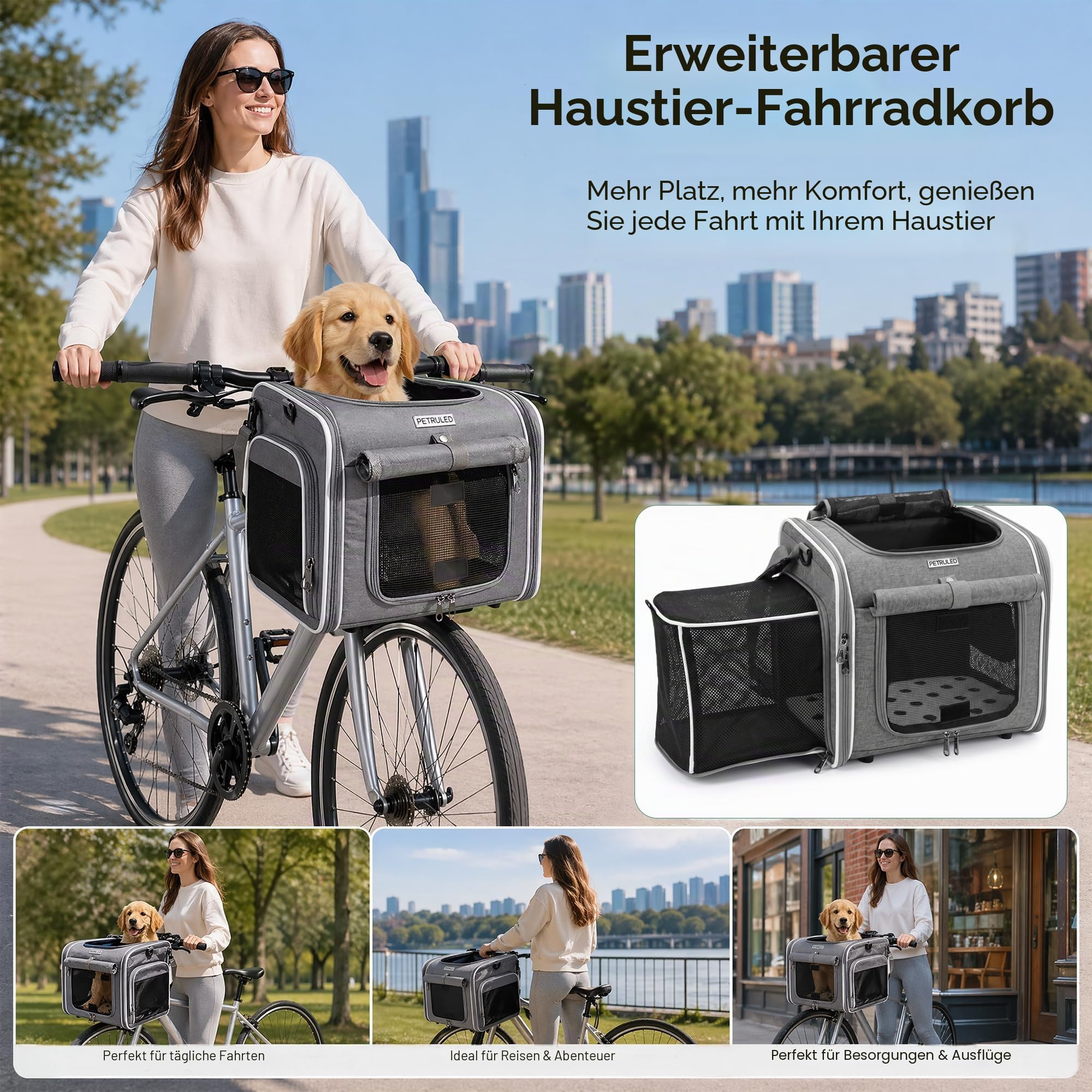 Hundekorb Fahrrad Vorne, Faltbarer Atmungsaktiver Hundefahrradkorb Vorne mit 4-Offenen Türen & 4 Mesh-Fenster, Erweiterbarer Hunderrucksack Hunde-Fahrradkorb Haustier-Reisetasche für Katzen und Hunde
