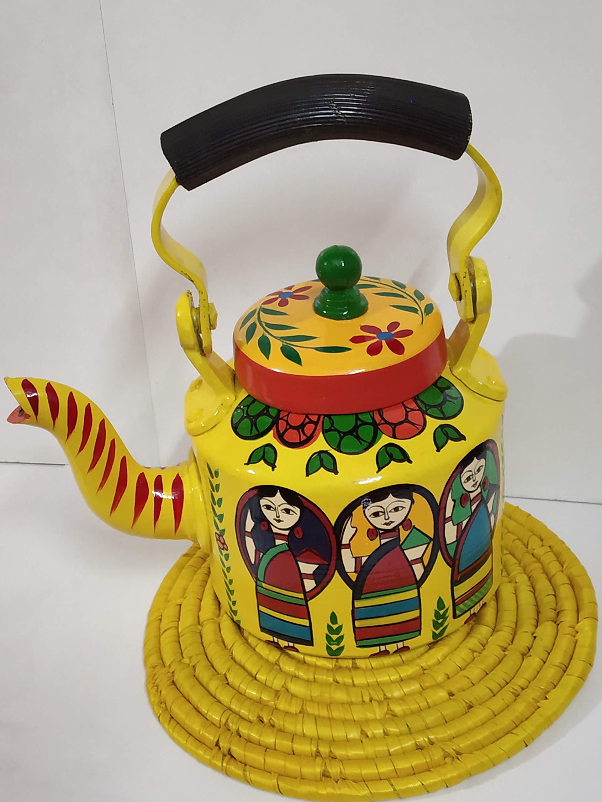 Dycorateurs Hand Painted Aluminium Tea Kettle with a Mat for Table/Home décor Aluminium Hand Painted Yellow and Green -2-image-31