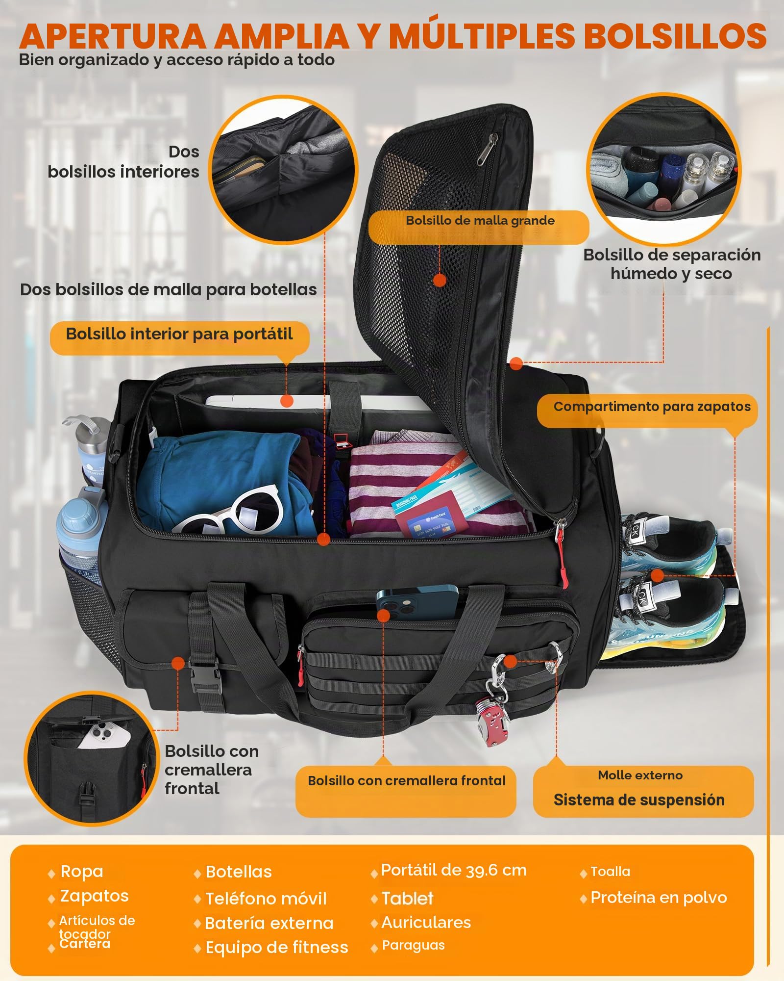 RAINSMORE 3 EN 1 Bolsa Deporte Gimnasio Hombre Mujer Bolsa de Viaje Grande 45L Mochila Función con Compartimento Zapatos y Humeda