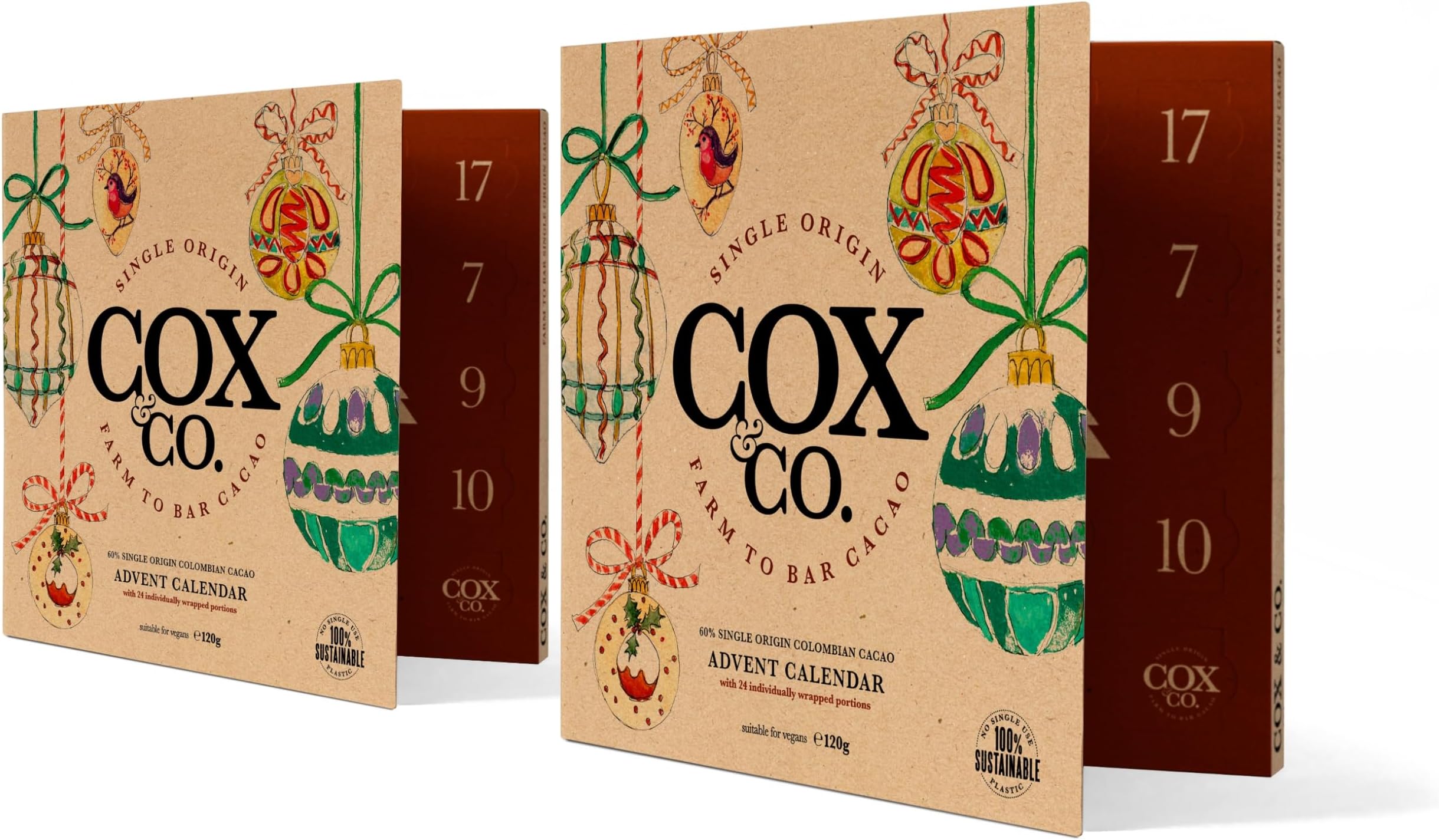Cox&Co. Christmas Luxury Dark Chocolate Vegan Advent Calendar 2025 | 24 x 5g 60% Colombian Single Origin Cacao | Small Batch | 100% Plastic Free | Twin Pack