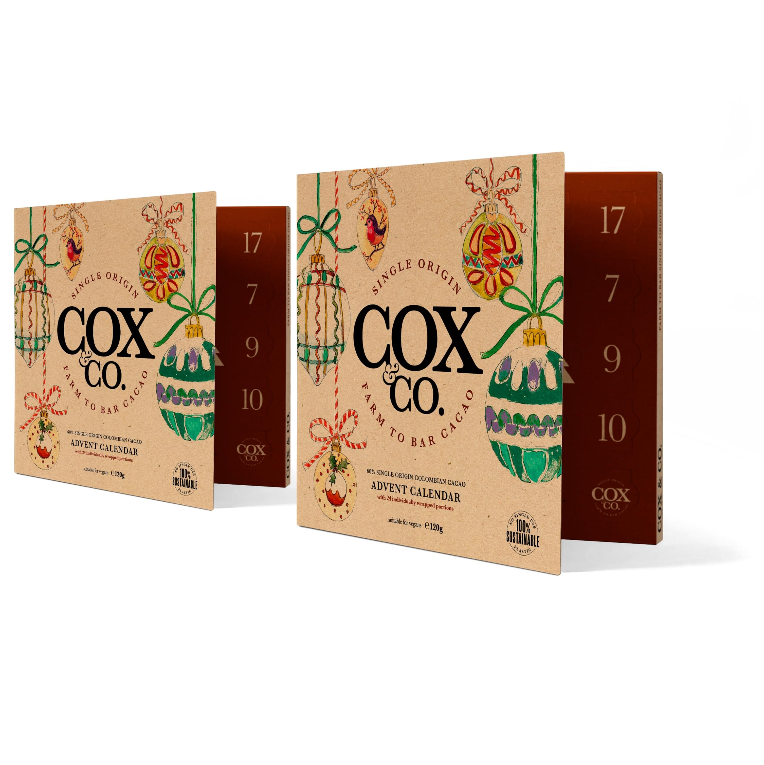 Cox&Co. Christmas Luxury Dark Chocolate Vegan Advent Calendar 2025 | 24 x 5g 60% Colombian Single Origin Cacao | Small Batch | 100% Plastic Free | Twin Pack
