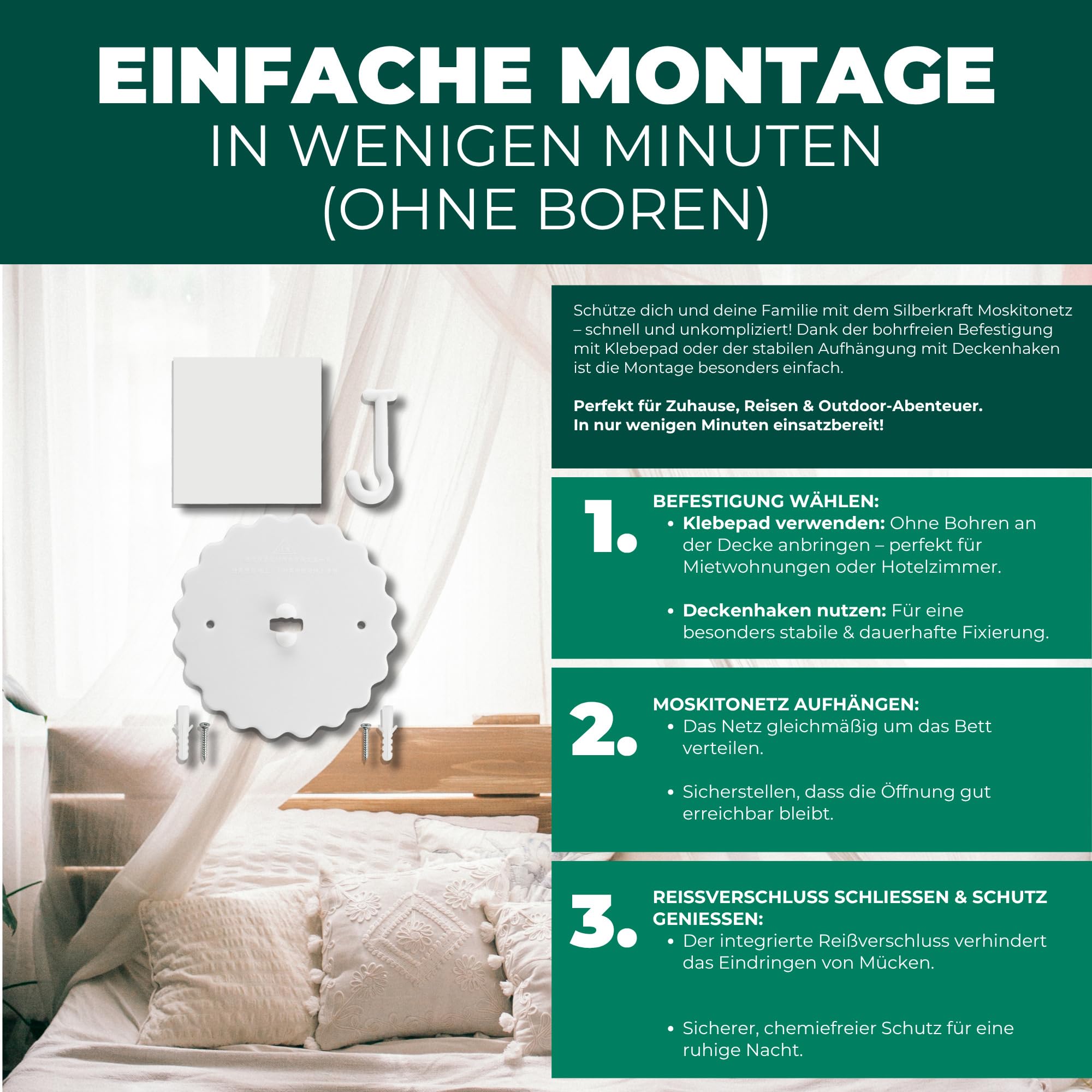 Silberkraft Moskitonetz XXL für Doppelbett - Mückennetz mit Reißverschluss-Öffnung, inklusive Klebehaken, geeignet für Reisen und zu Hause, feinmaschiges Netz, mit Beutel zur Aufbewahrung