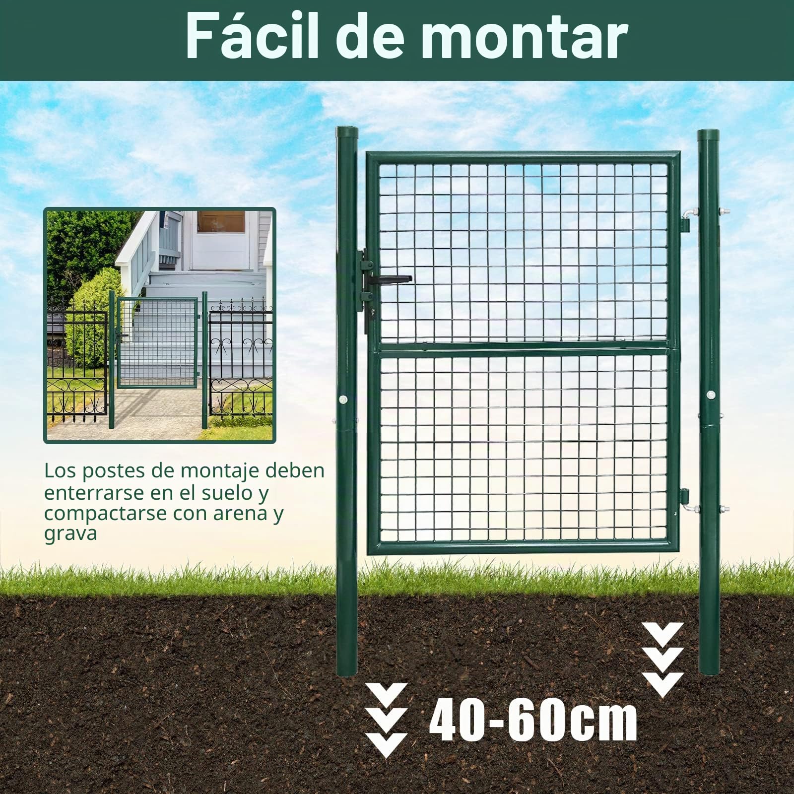 Gimisgu Puerta de Jardín de Acero Galvanizado, 150 x 100 cm, Con Cerradura y 3 Llaves, Robusta y Duradera, Para Entrada, Verde