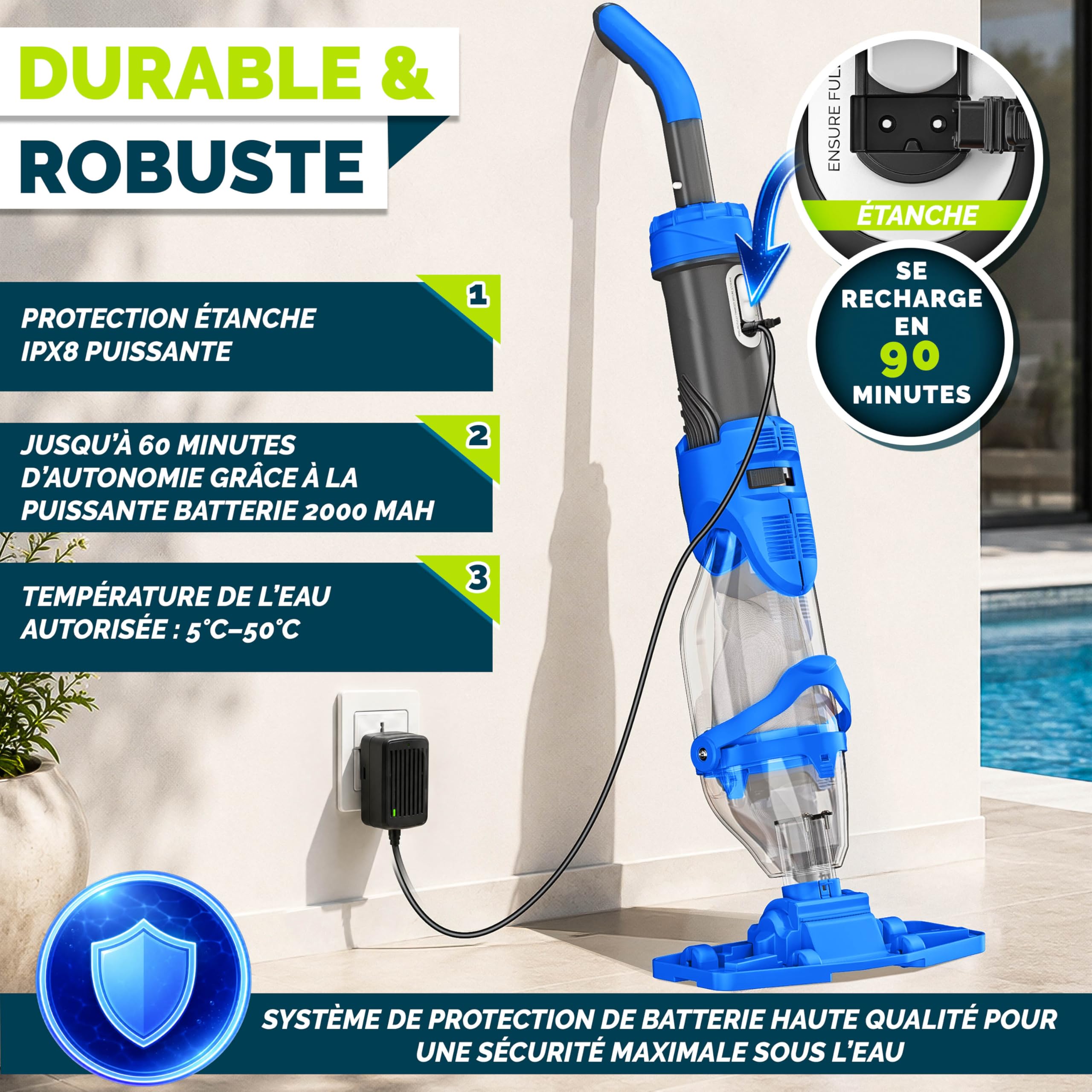 tillvex Aspirateur de Piscine avec Batterie & Manche télescopique + Filtre | Aspirateur de Piscine électrique | Nettoyeur de Piscine avec Filtre & autonomie de 60 Min (Bleu/Gris)