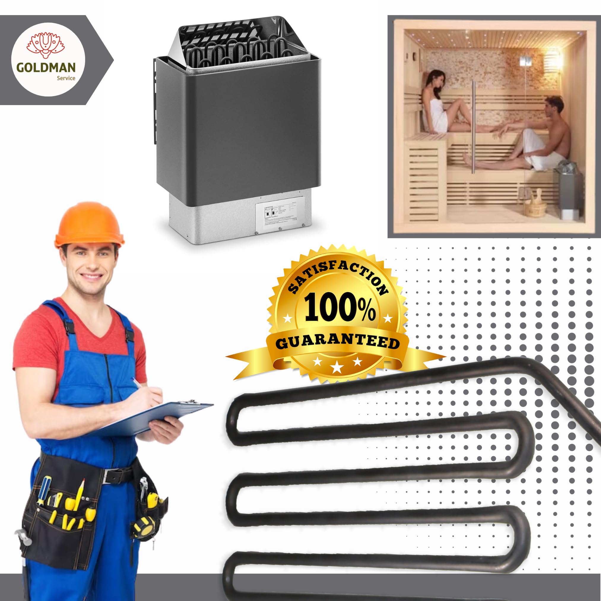 GOLDMAN SERVICE Resistencia para Estufa de Sauna - Alta Potencia 2000W - Recambio Compatible para Horno Calefactor de Sauna Finlandesa, Spaa, Clubs, Hotel. Medida: 375 x 224 milímetros