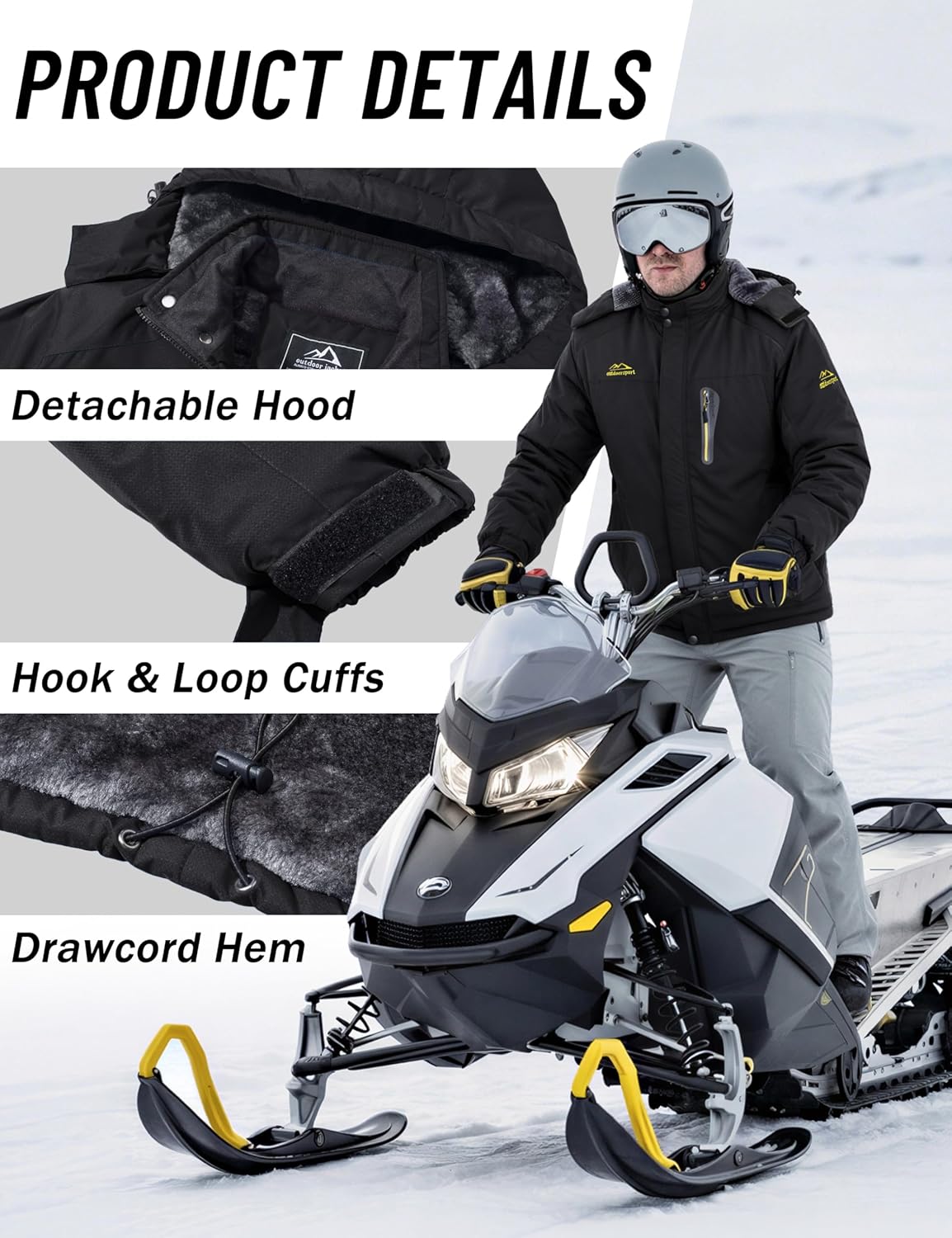 MAGCOMSEN Men's Winter Jacket Ski Snow Waterproof Fleece Coats Snowboard Warm Parka Raincoats with Hood 5 Pockets