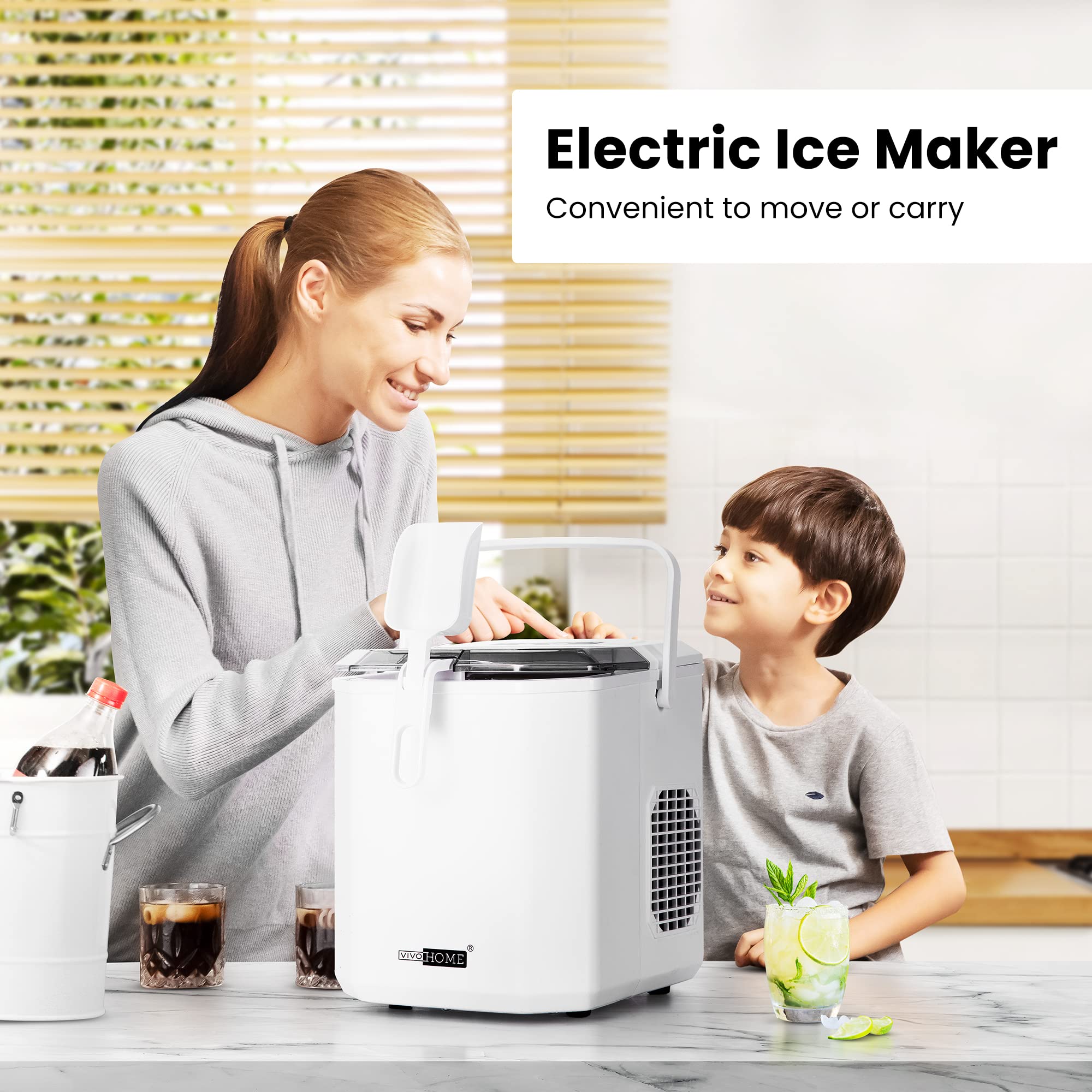 VIVOHOME Electric Portable Compact Countertop Automatic Ice Cube Maker Machine with Handle Hand Scoop 10 Ice Bags and Self Cleaning Function 26.5lbs/Day White on Fridge.com
