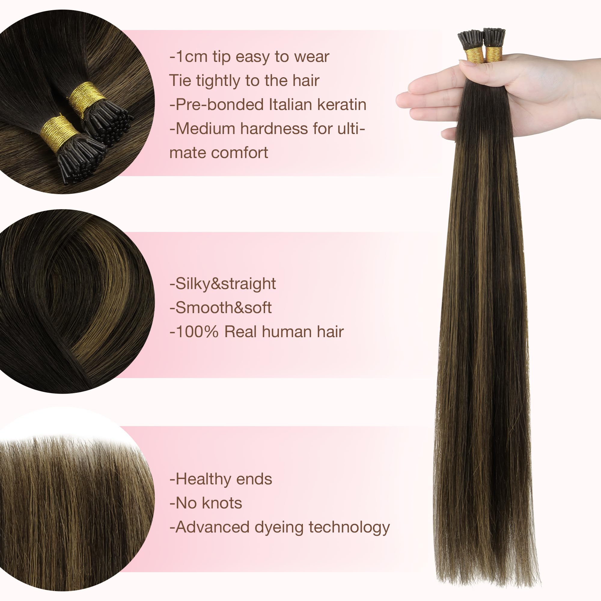 GOO GOO I Tip Hair Extensions Real Human Hair, Natural Black to Chestnut Brown 50g 100 Strands 16inch Cold Fusion I Tip Hair Extensions - Image 2