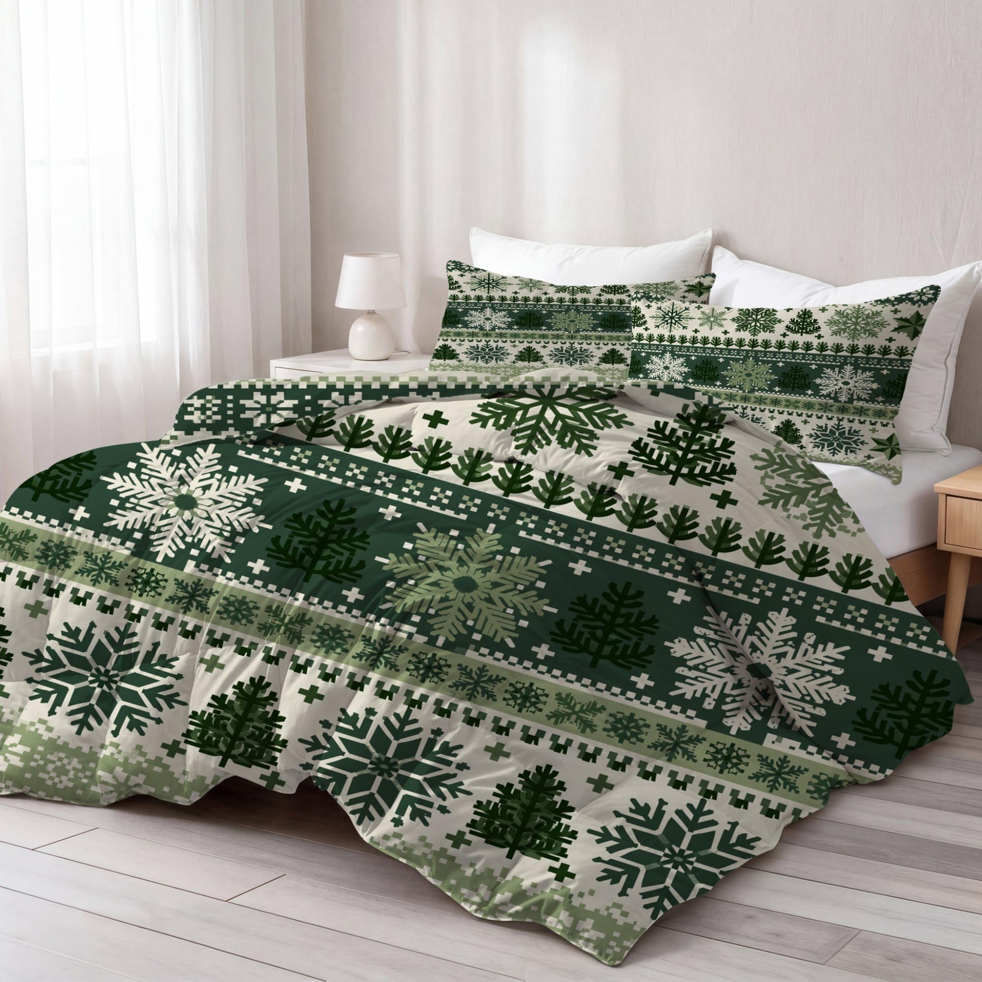 Tradycyjny świąteczny płatek śniegu, choinka, gwiazda, bez poszewki, king size (230 x 220 cm) 4,5 Tog, letnia kołdra z nadrukiem, dwustronny, lekki zestaw pościeli z 2 poszewkami na poduszki (50 x 75
