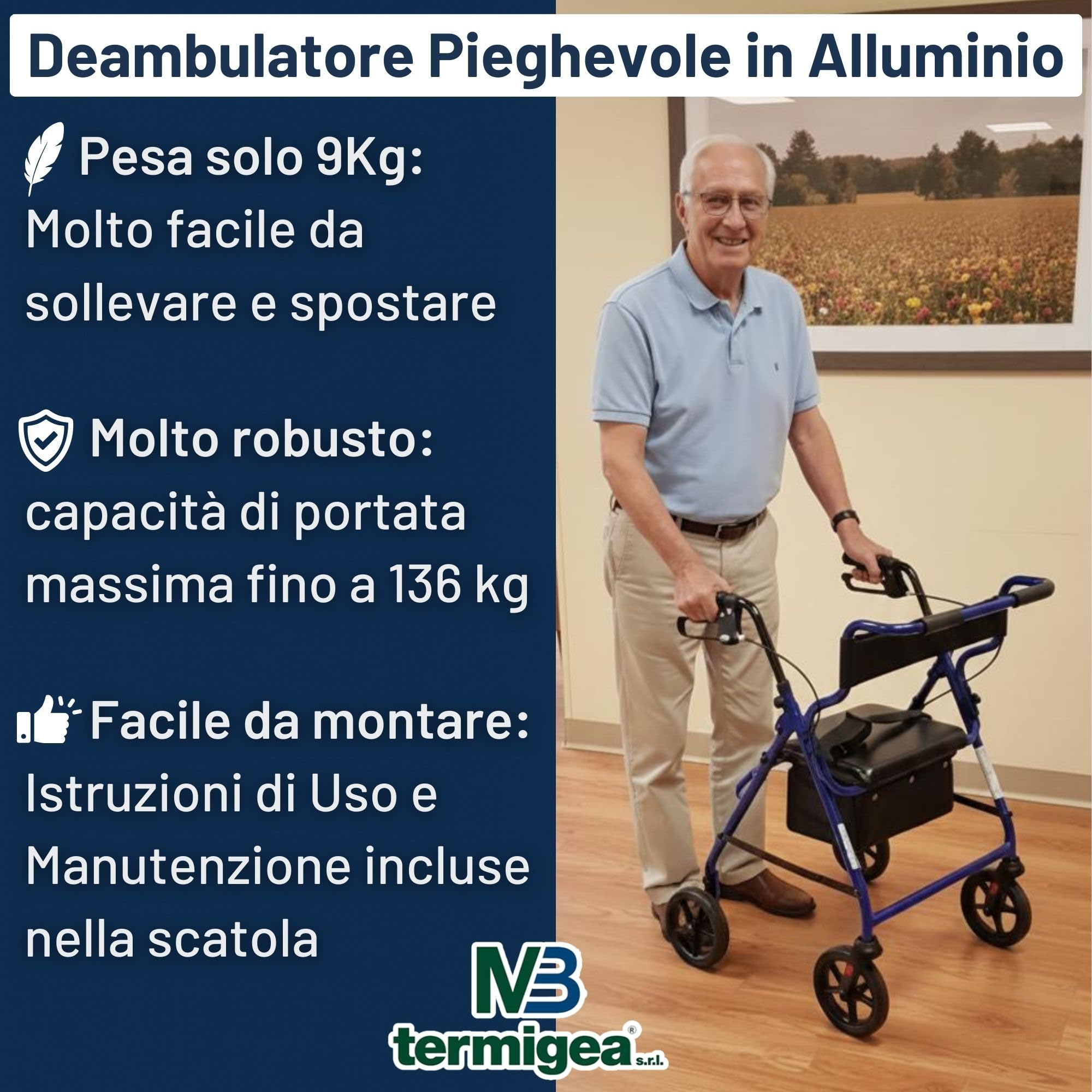 TERMIGEA RO30 - Deambulatore per Anziani con Seduta, Carrello per Anziani per Camminare Pieghevole in Alluminio (Portata 136KG) con Freni Ruote Posteriori e di Stazionamento, Impugnatura Ergonomica