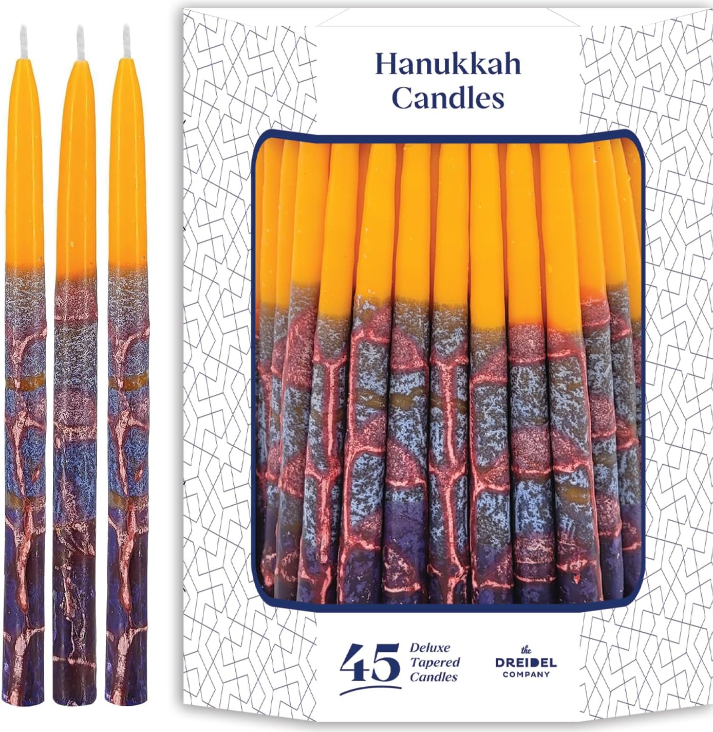 The Dreidel Company Dripless Chanukah Hanukkah Candles Decorative Purple, Blue, Orange, with Orange Frosted Stripes, 45 Candles per Box 1-Hour Burn Time