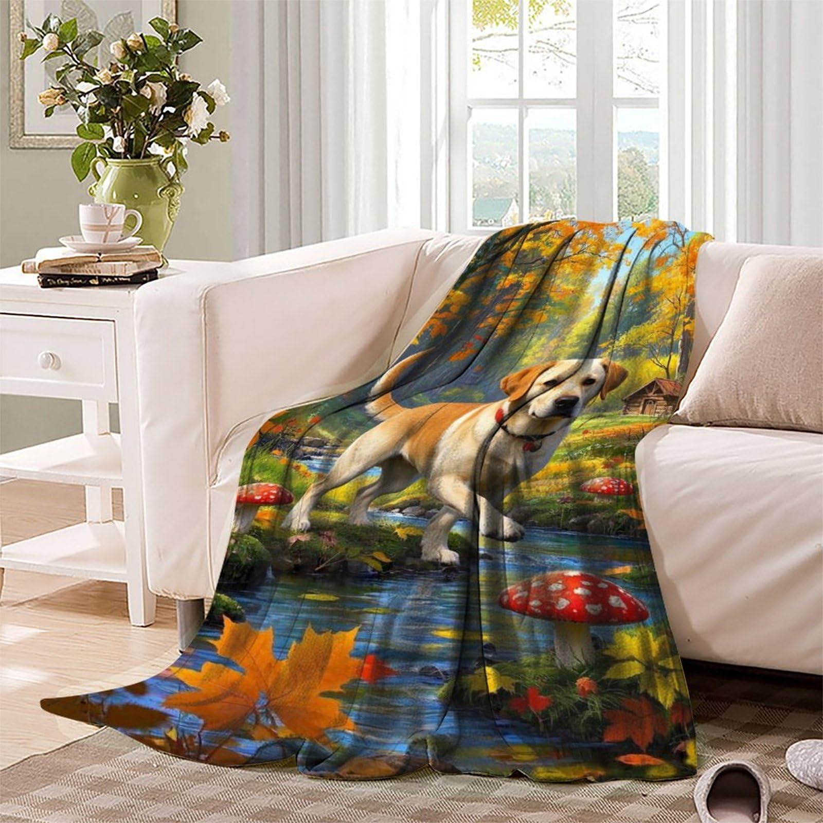 Chien Labrador Retriever Couverture en Flanelle Polaire 3D Motif Couverture De Canapé Forêt d'automne Confortable Et Respirante pour Canapé Et Salon 70x80inch(180x200cm)