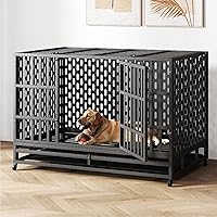 HIWOKK 48 Inch Heavy Duty Indestructible Steel Dog Crate - Escape Proof XL XXL Kennel with Wheels, Double Doors & Removable Tray for High Anxiety Dogs
