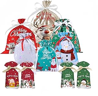 10pcs Christmas Drawstring Gift Bags,Reusable Foil Xmas Tie Bag for Presents,Xmas Pull String Foil Bags,Large Medium Small Christmas Wrapping Bags,10 Design Bags for Xmas Party, Presents, Holiday