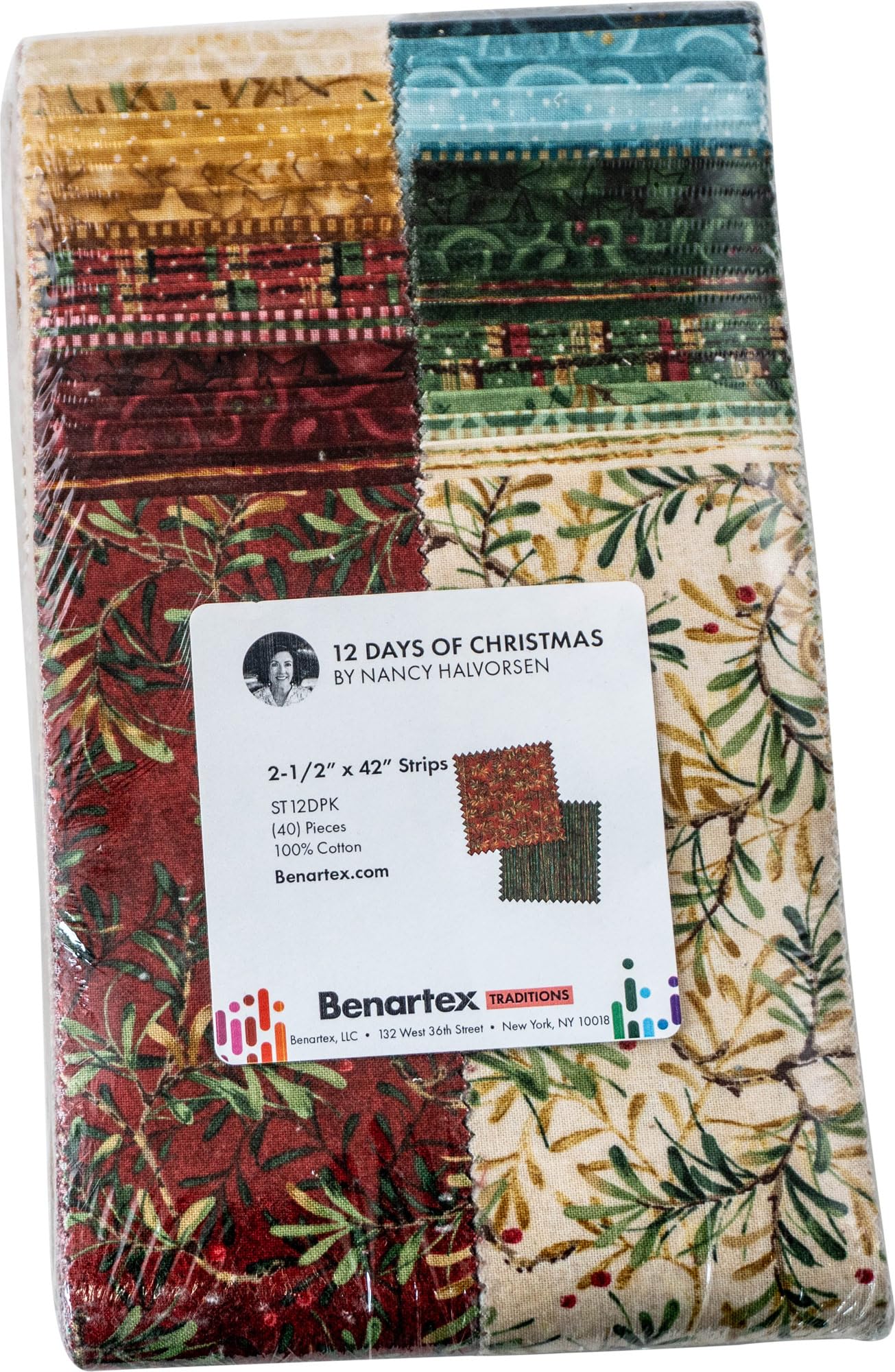Benartex Assorted Nancy Halvorsen 12 Days Of Christmas Strip-Pies 40 2.5-Inch Strips Jelly Roll