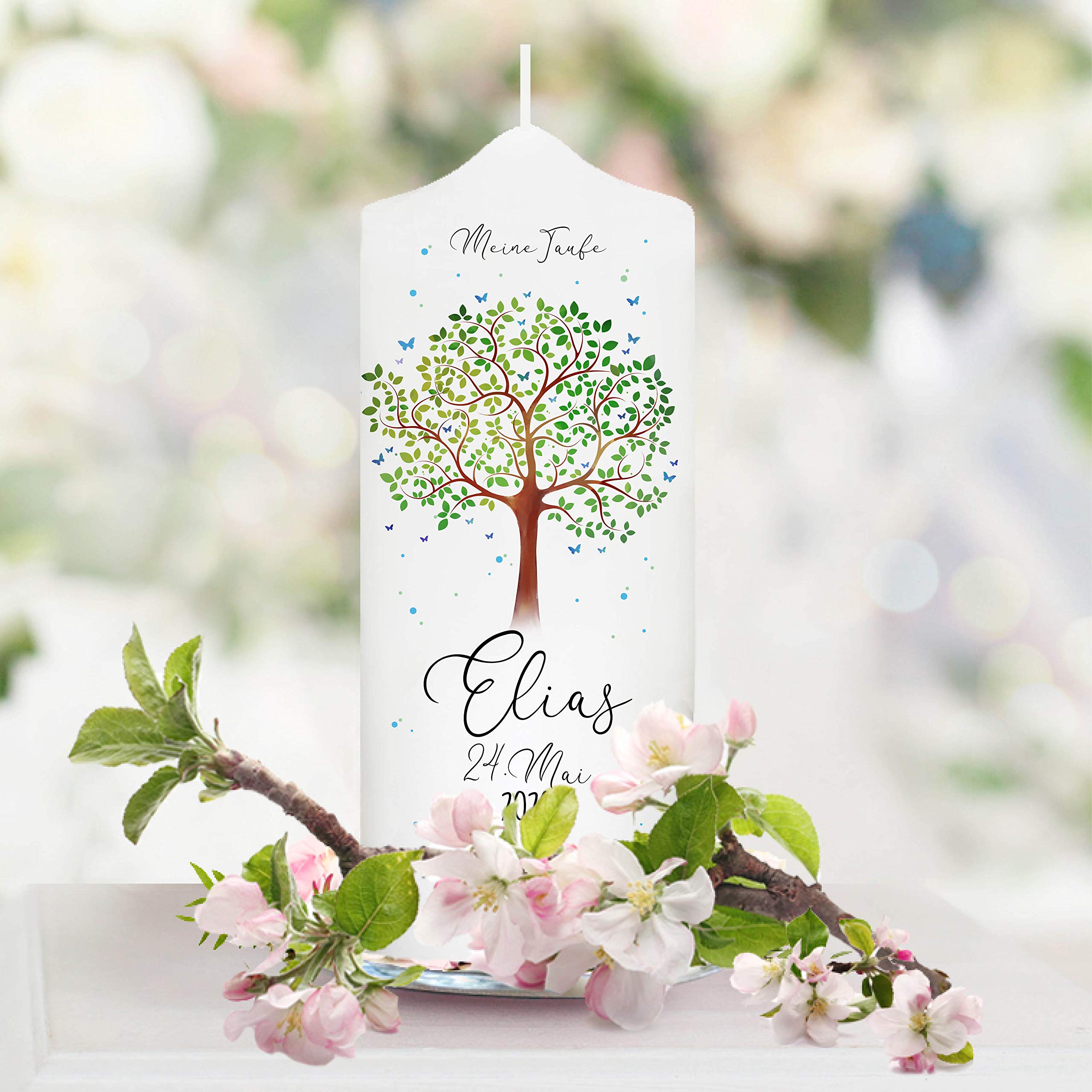 Wandtattoo Loft Taufkerze Junge oder Mädchen personalisierte Patenkerze, Motiv mit Lebensbaum, 18cm x 7cm, personalisierte Kerze, bedruckte Kerze zur Taufe, Stumpenkerze, individuelles Taufgeschenk