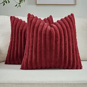 FUTEI Burgundy Striped Decorative Throw Pillow Covers 26x26 Inch Set of 2,Wine Red Square Fall Decorations Couch Euro Pillow Shams,Soft Cozy Faux Rabbit Fur & Velvet Back,Modern Home Decor for Bed