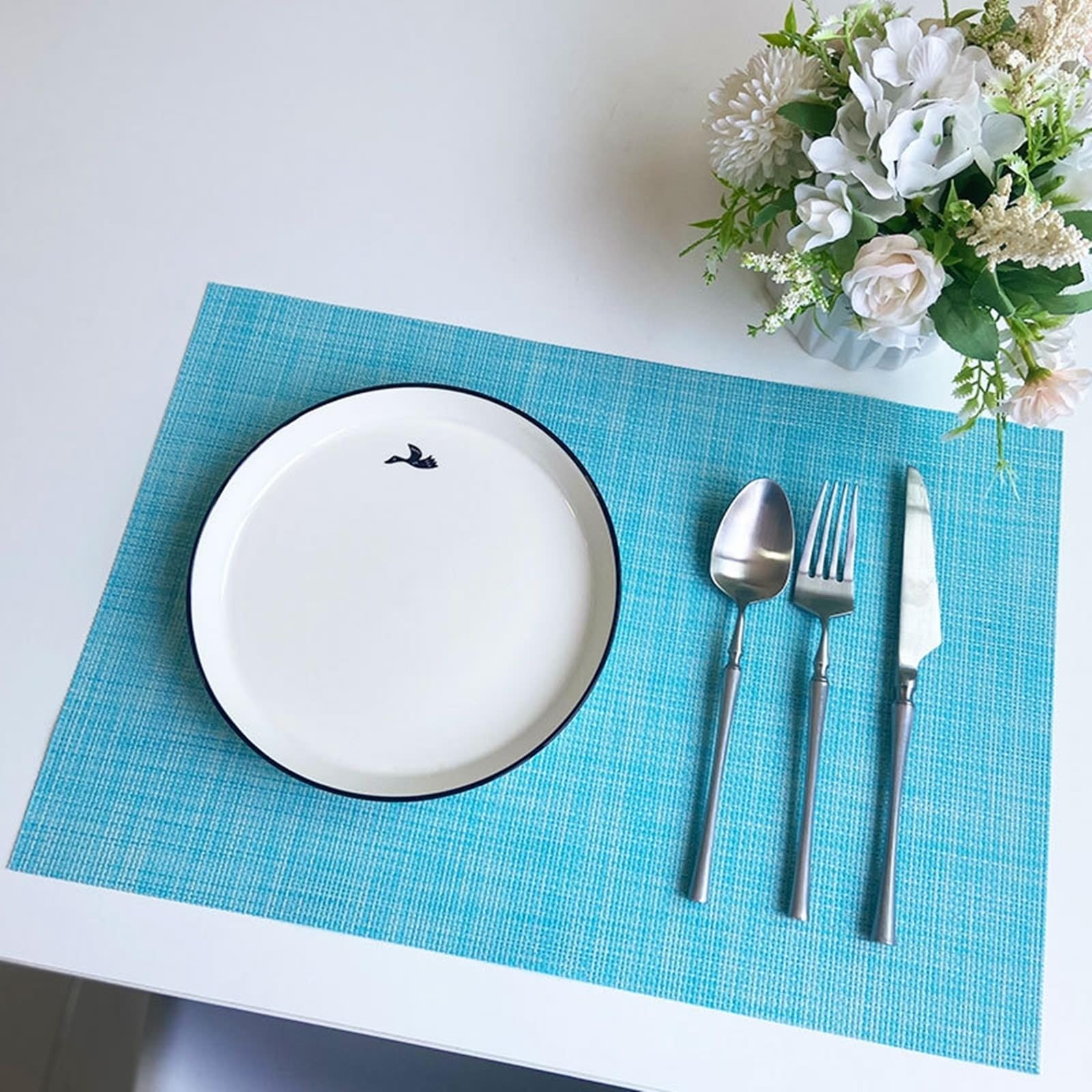 Placemat Juego de 6 manteles individuales de imitación de lino azul lago, textura tejida, 30 x 45 cm, para cocina y comedor