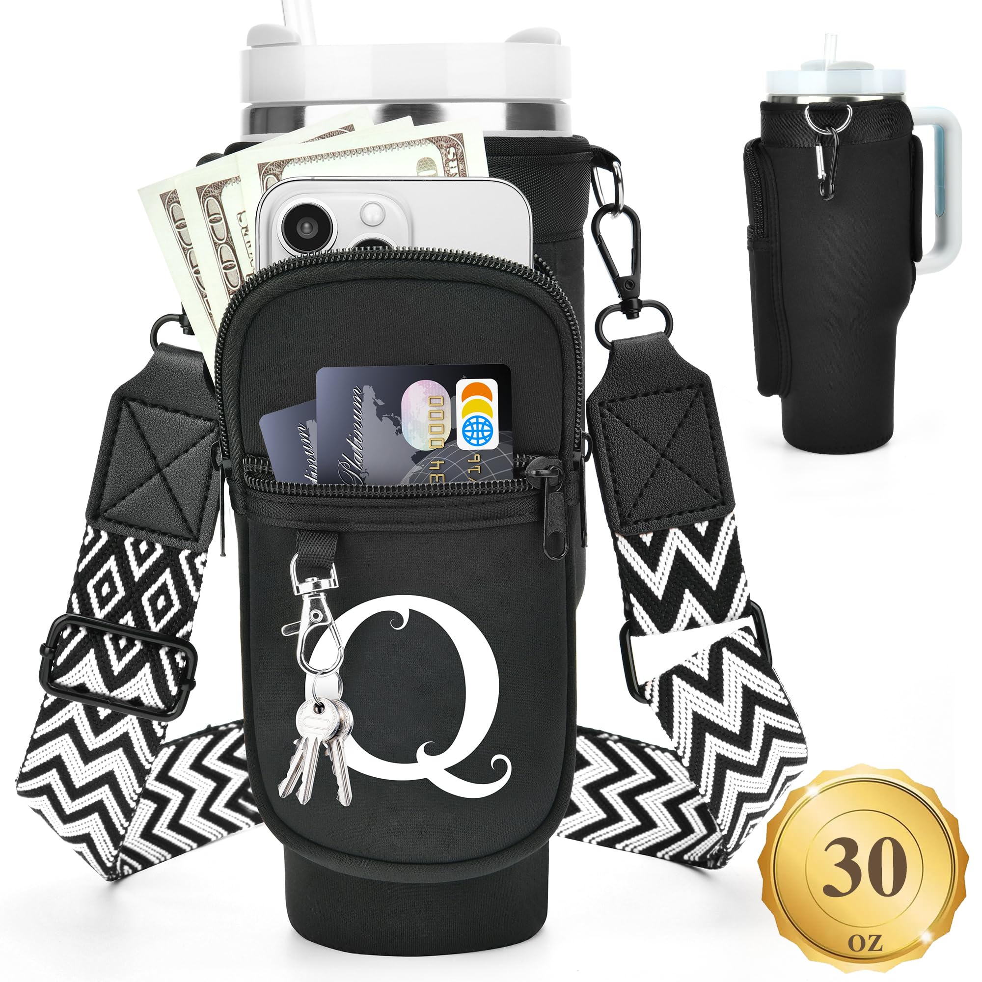 LOKASS Water Bottle Holder with Strap for Stanley Cup 30 oz Tumbler, Personalized Initial Stanley Cup Accessories 30oz, Stanley Cup Carrier Bag for