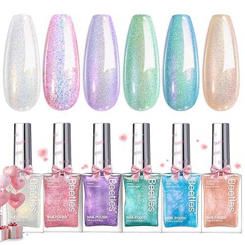 Beetles Juego de esmaltes de uñas con brillantina, 6 colores de perlas pastel de ensueño, kit de esmalte de uñas de secado rápido, brillo de larga