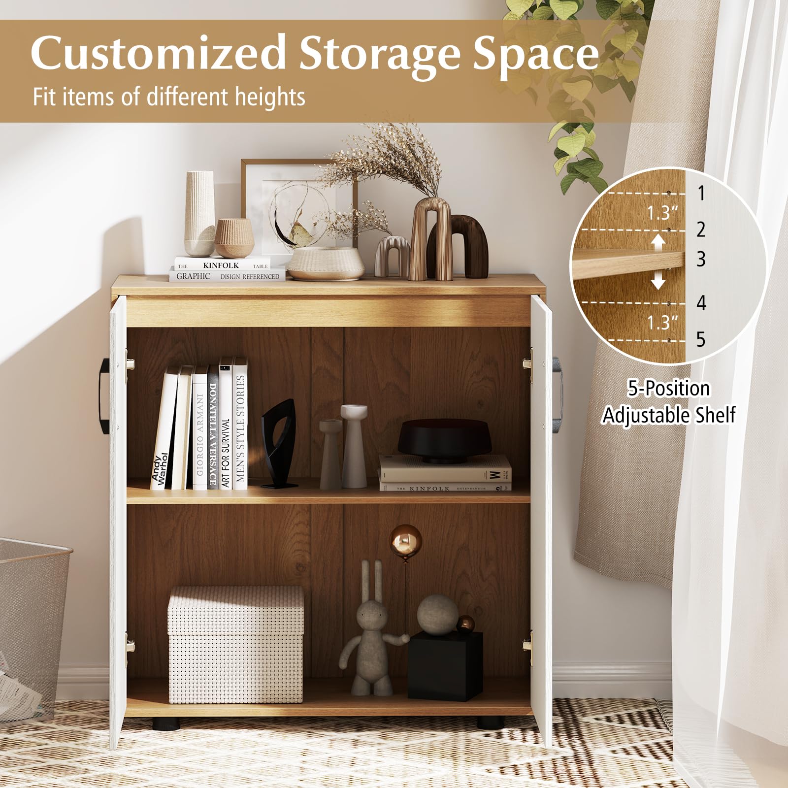 GIANTEX Credenza cucina armadio a 2 ante mobile cucina basso con ripiano regolabile a 5 posizioni, 2 kit anti-ribaltamento, armadio per soggiorno, ingresso, 80 × 31,5 × 82 cm (Naturale)