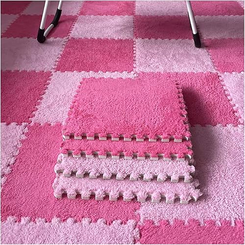 9/12/15/16 Pcs Interlocking Foam Carpet Tiles,Soft Fluffy Plush Area Rug Mat,Crawling Playmat Puzzle Mat,for Bedroom, 12X12inch, 0.4 Inch Thicken Foam,Rose red+Pink,16 PCS
