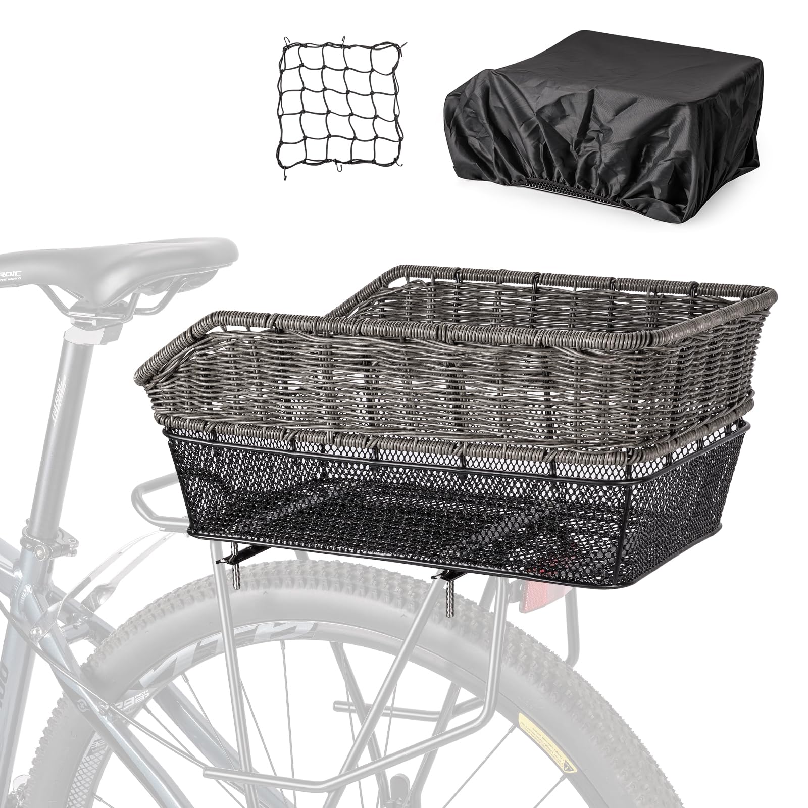 CXWXC Rear Bike Basket - Large Bicycle Rear Basket with Cargo Net and Waterproof Cover, Hand-Woven Baskets Rear Large Capacity