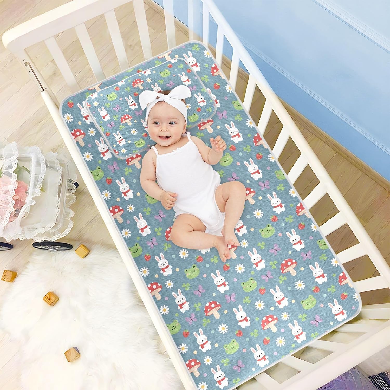 Baby Cooling Mat Kawaii Animal Design Ice Silk Breathable Mesh Summer Crib Mattress Pad with Pillowcase, Soft Cooling Sleeping Surface for Infant & Toddler, 52"x28"