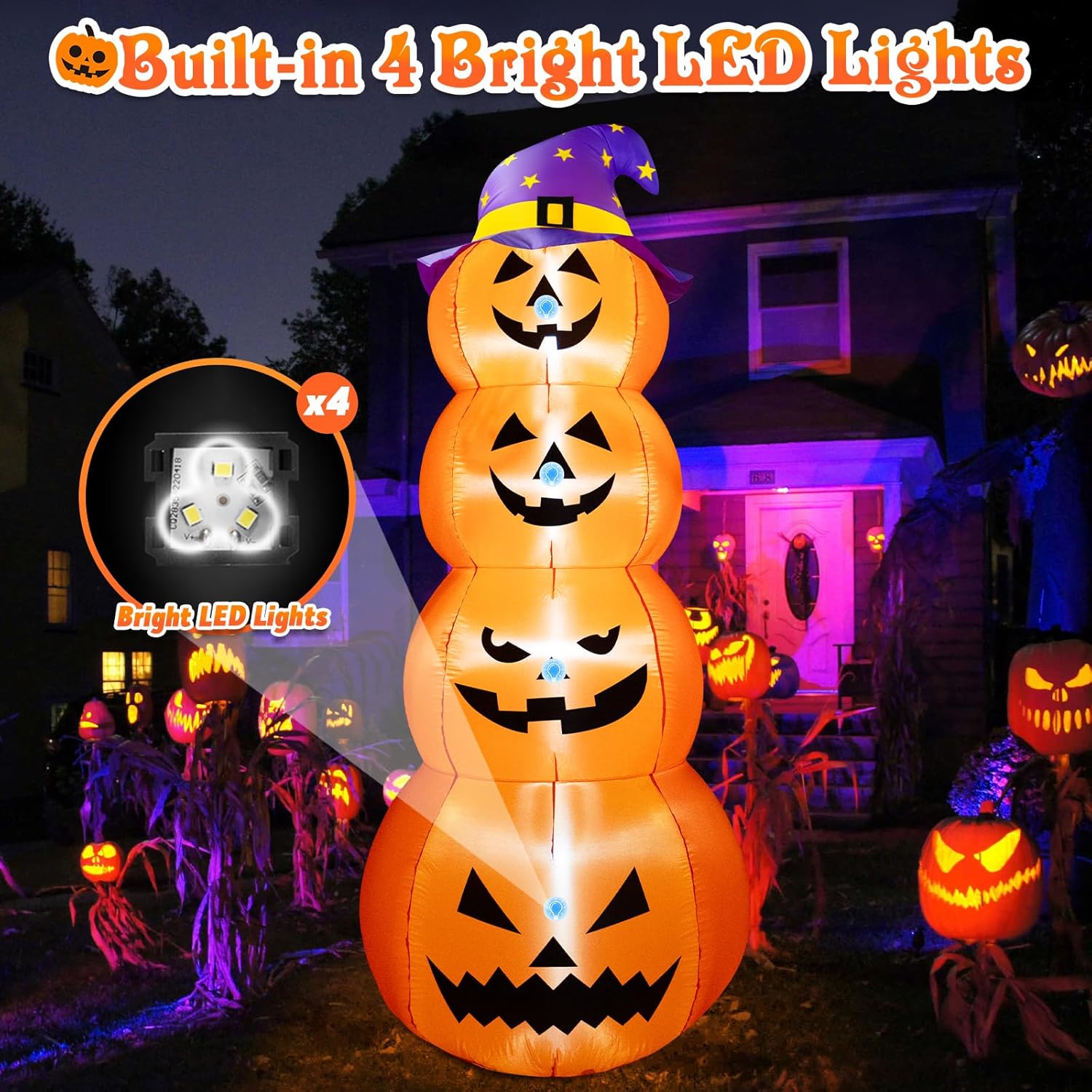 B&D 8FT Halloween Inflatable Outdoor Decoration Stacked Pumpkins with Witch’s Hat, Inflatable Halloween Decorations Blow up Pumpkin Built-in LEDs for Holiday Party Indoor Outdoor Yard Garden Lawn