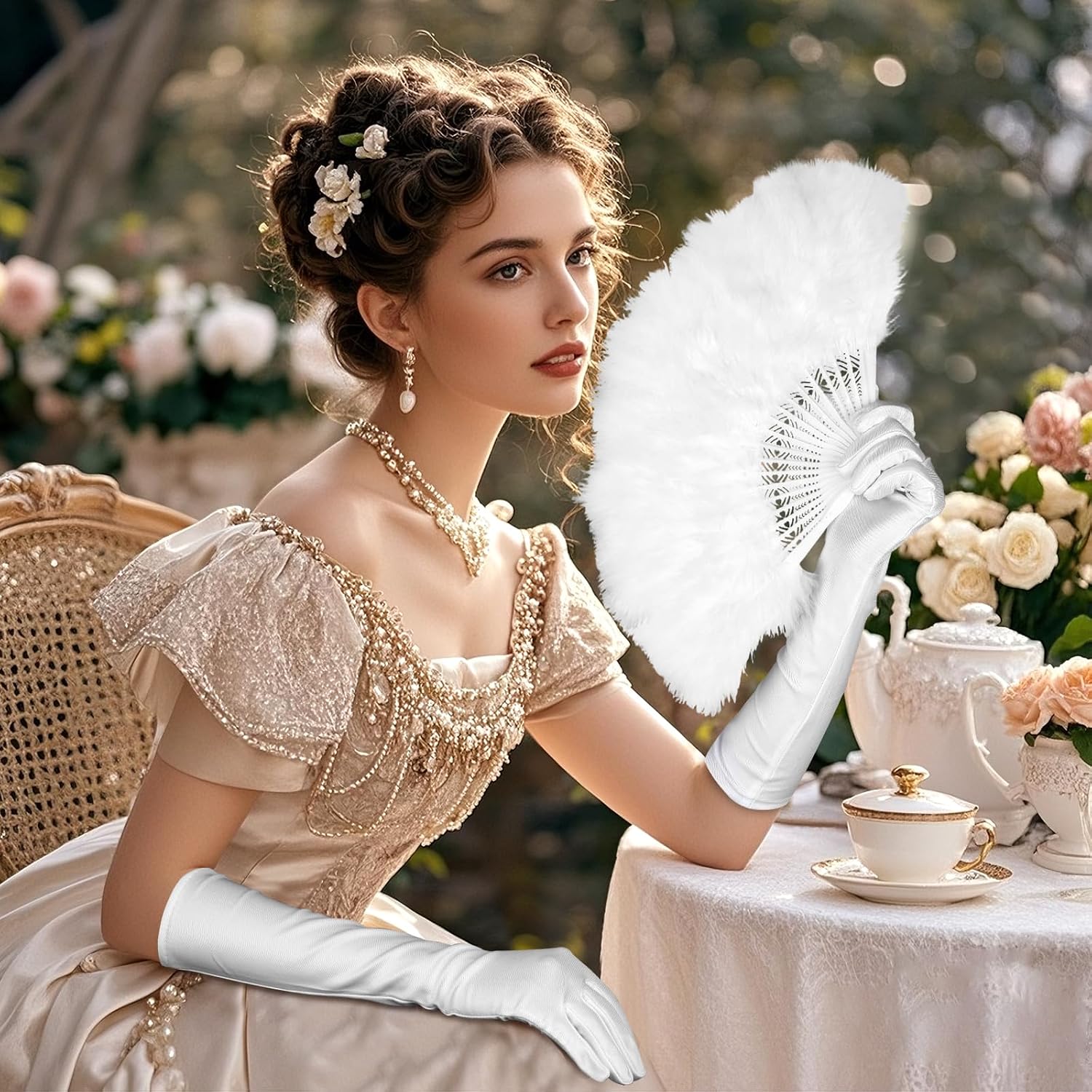 2 Pcs 1920s Vintage Style Flapper Hand Fan Gloves Set for Costume Dancing Show Tea Party Wedding Decoration（White）