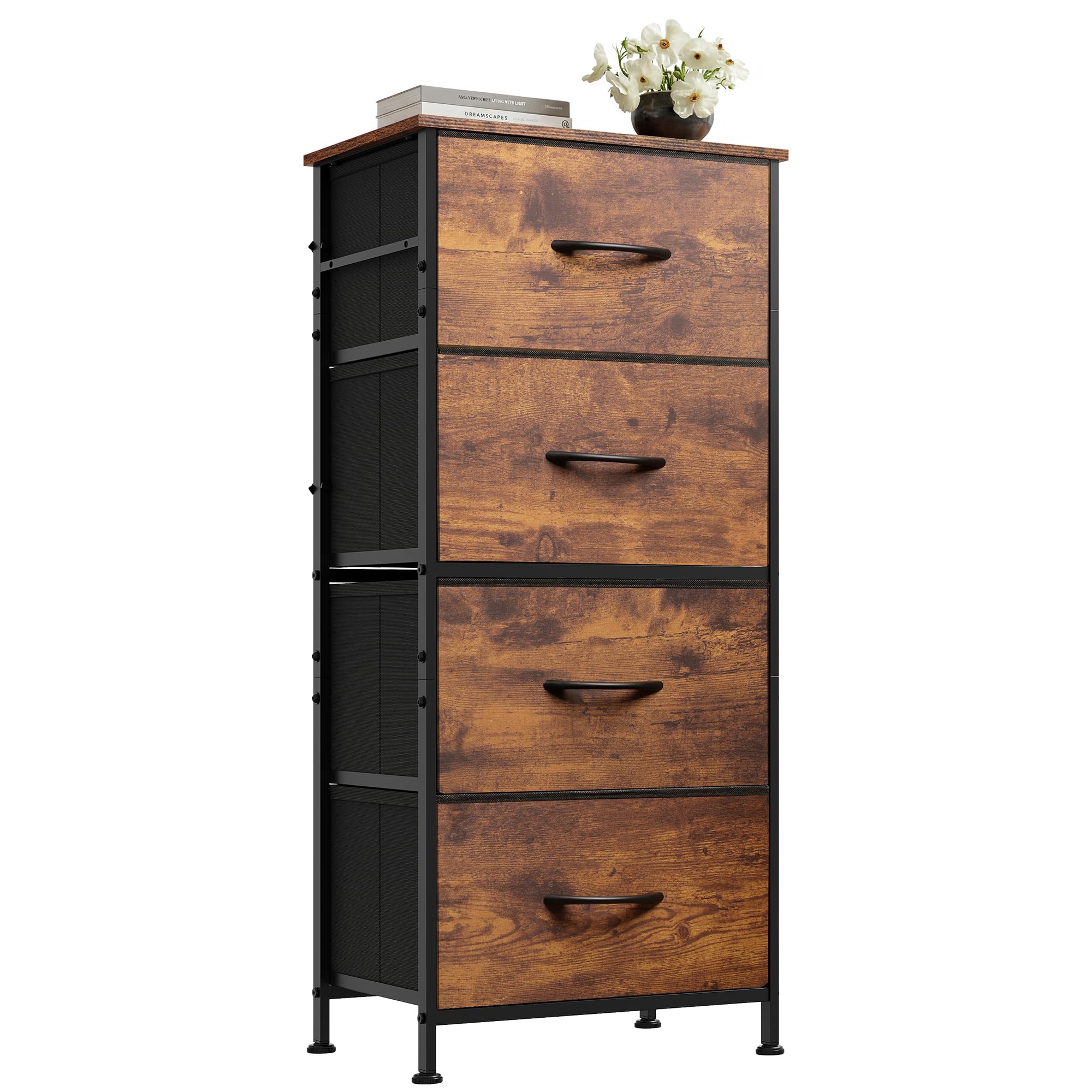 WLIVE Dresser with 4 Drawers, Fabric Storage Tower, Organizer Unit for Bedroom, Hallway, Entryway, Closets, Sturdy Steel Frame, Wood Top, Easy Pull Handle, Rustic Brown Wood Grain Print-image-0