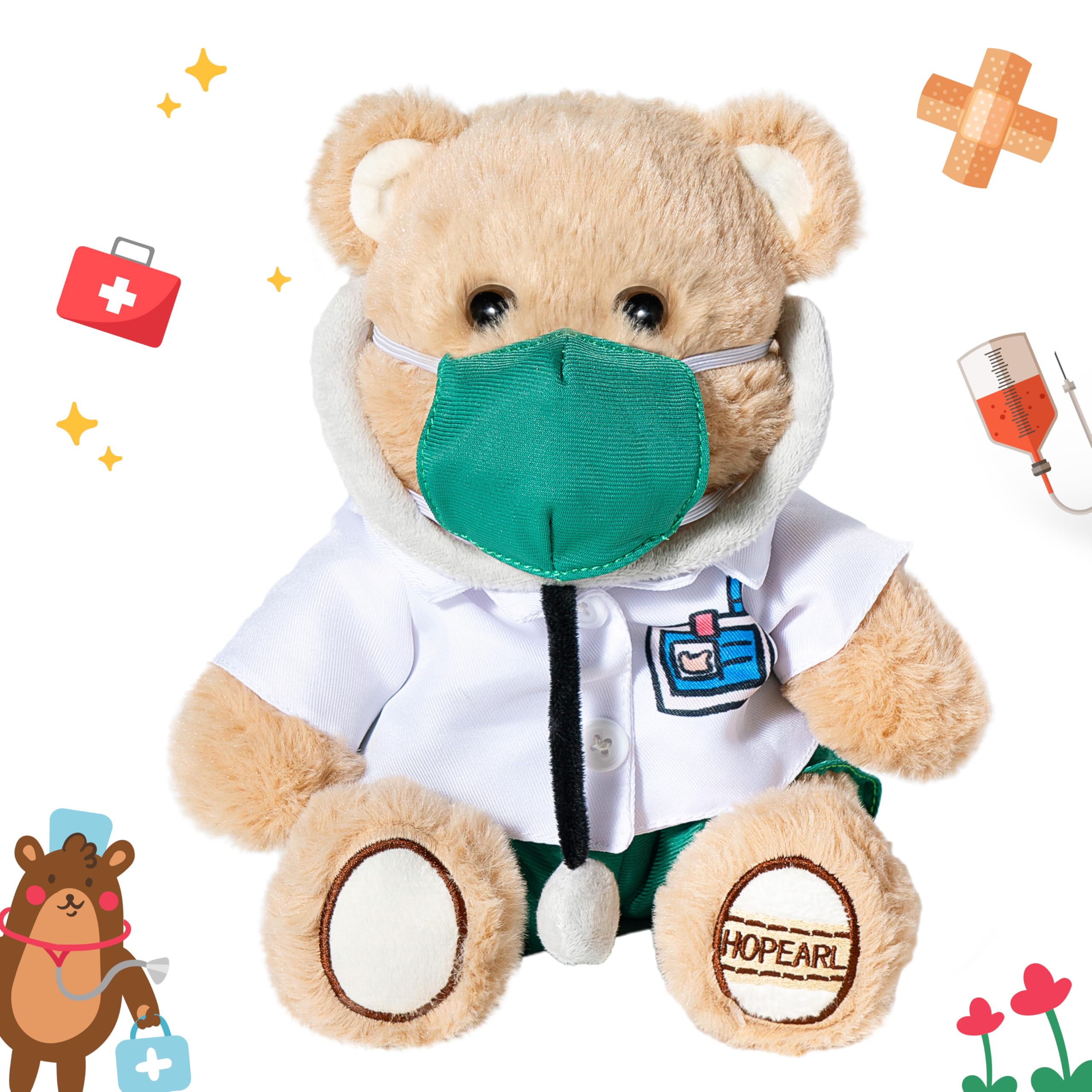 Hopearl Professional Dr. Bear Stuffed Animal Toy with Detachable Doctor Suit Uniform, White Coat, Stethoscope and Mask, Medical Plush Toy Bear Gifts for Kids Boys Girls, 10''