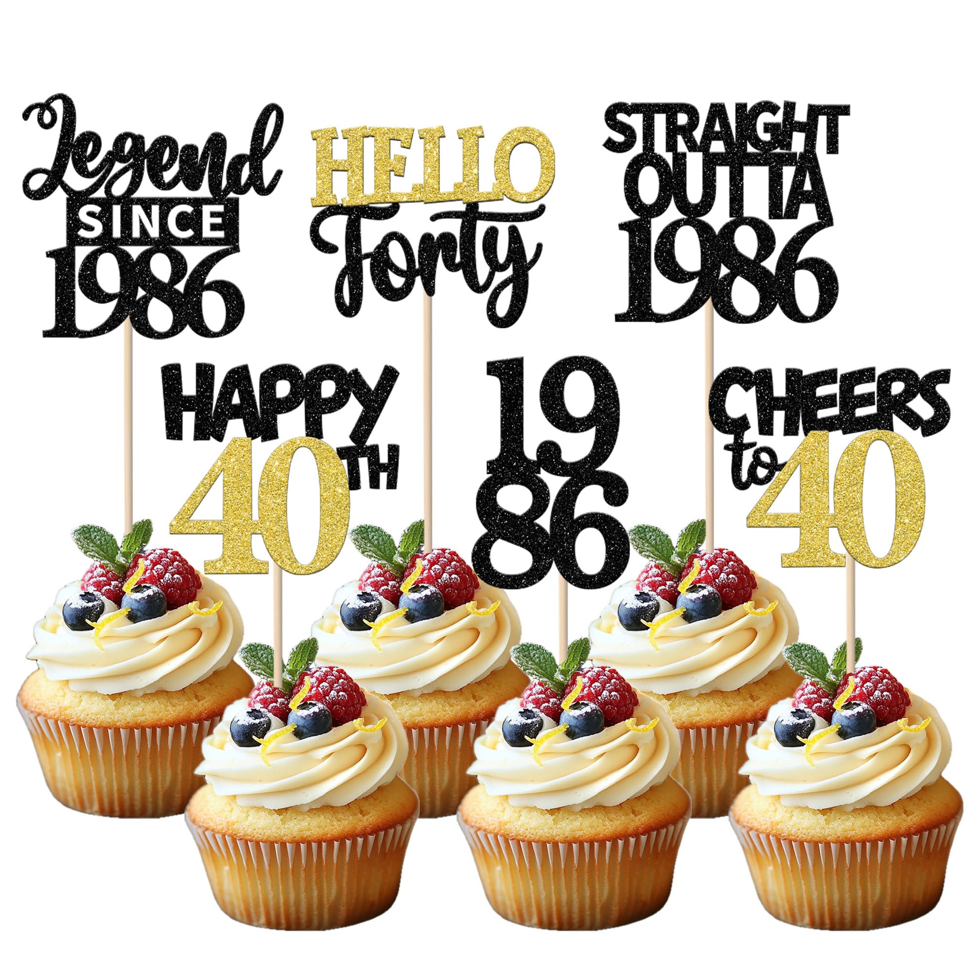 Xsstarmi 24 Pcs 40th Birthday Cupcake toppers Black Gold Glitter Hello forty Legend Since 1986 Cake Picks for Cheers to 40 years old Birthday Party Decorations Supplies