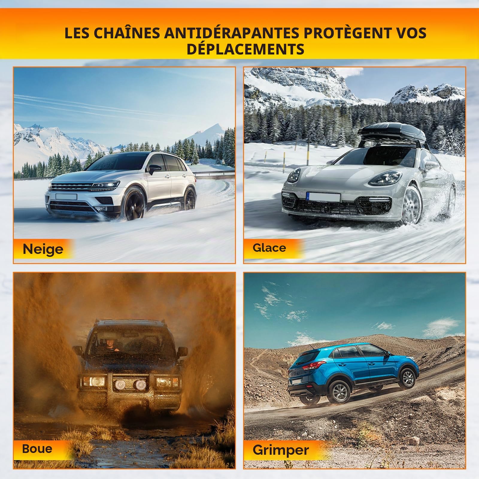 Ninonly Lot de 10 chaînes à neige universelles SUV pour diverses conditions de route difficiles telles que la neige, la boue, l'escalade et la glace pour pneus de voiture Largeur 165-275 mm