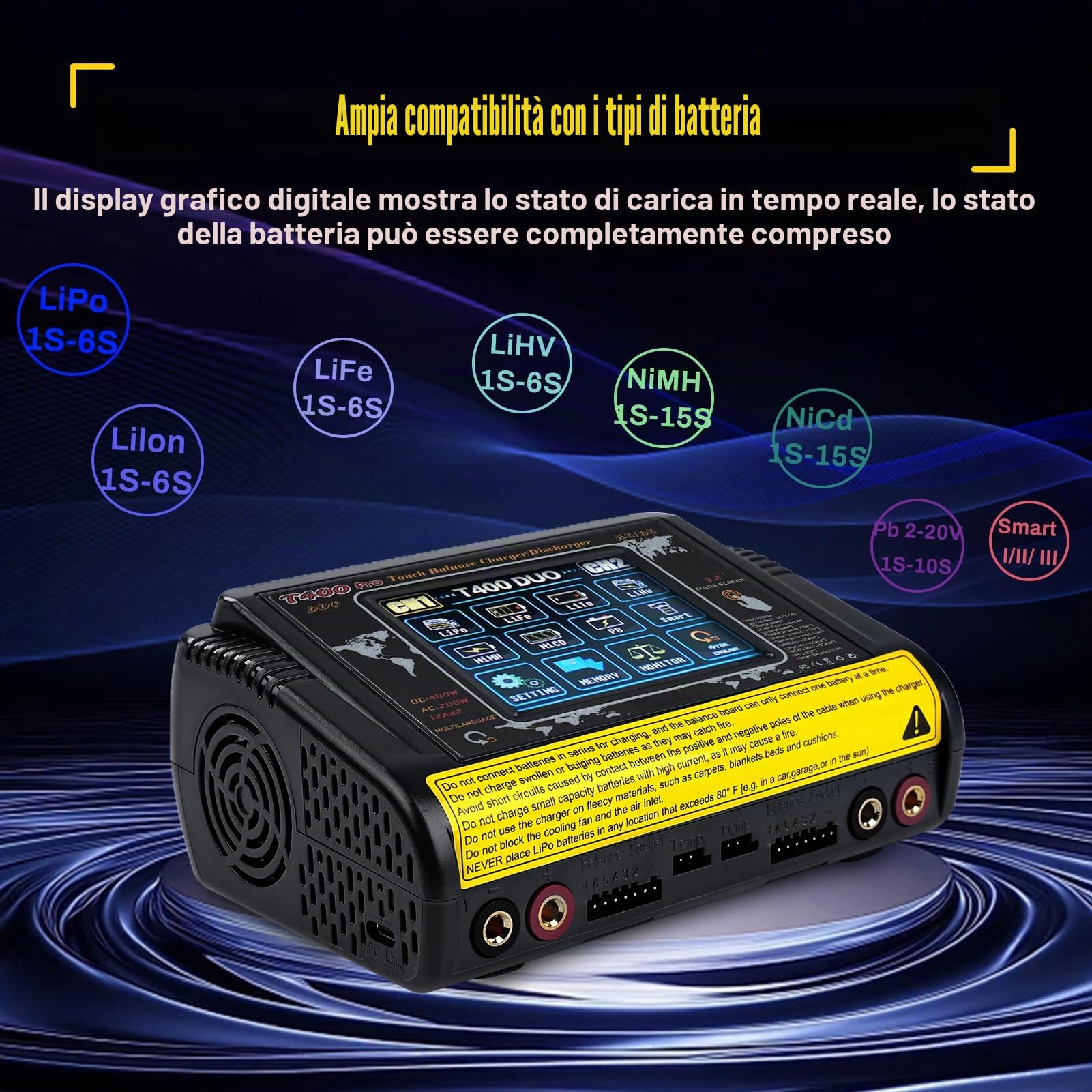 BuyWeek T400 PRO RC Caricabatterie Bilanciamento AC200W/DC400W 12A carica batteria per auto 3,2 pollici touch screen caricabatterie litio alta precisione per LiPo/Lilon/LiFe/NiMH/NiCd/PB/NiMH