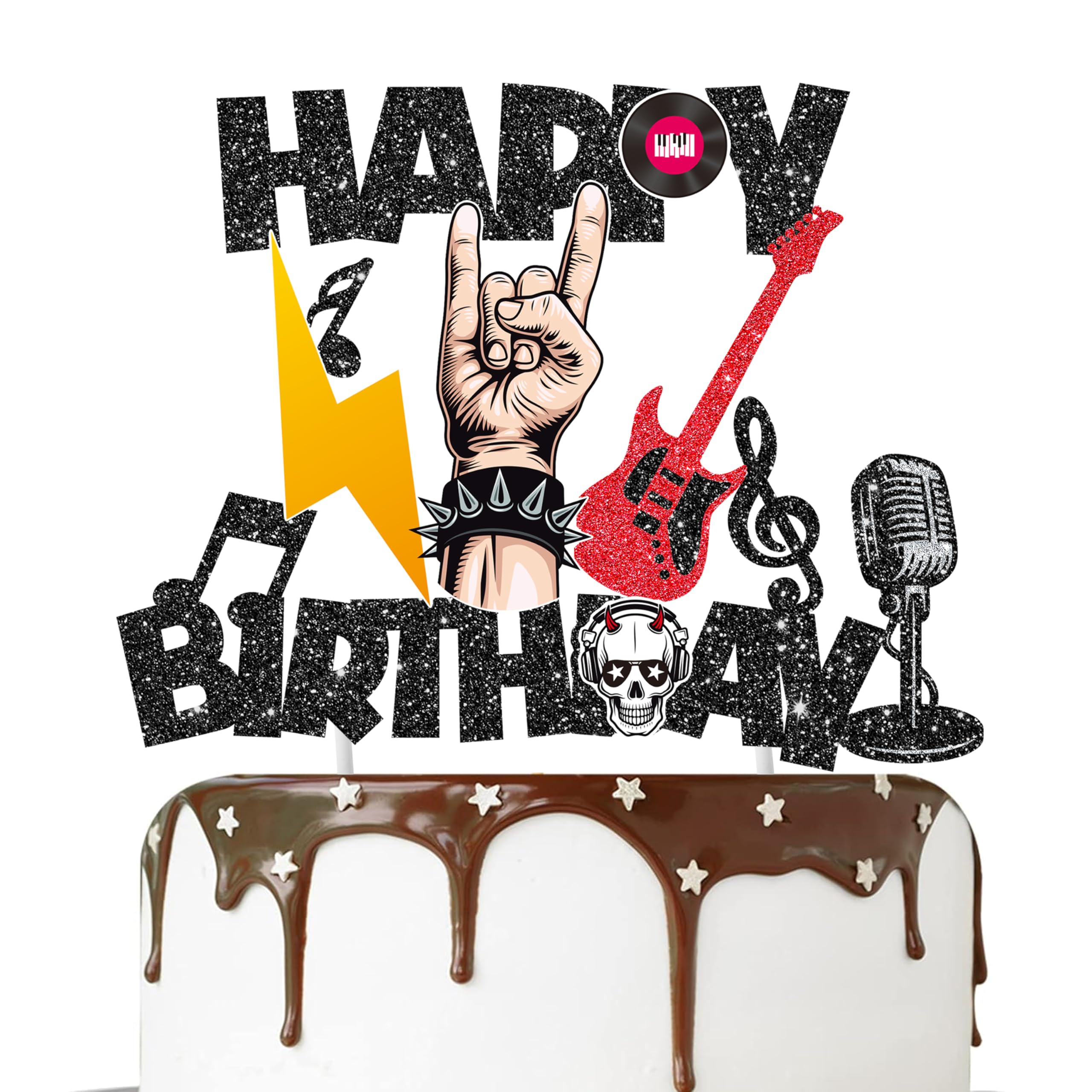 Rock Theme Happy Birthday Cake Topper Rock and Roll Birthday Party Decoration Guitar Theme Birthday Cake Topper for Rock Star Party Baby Shower