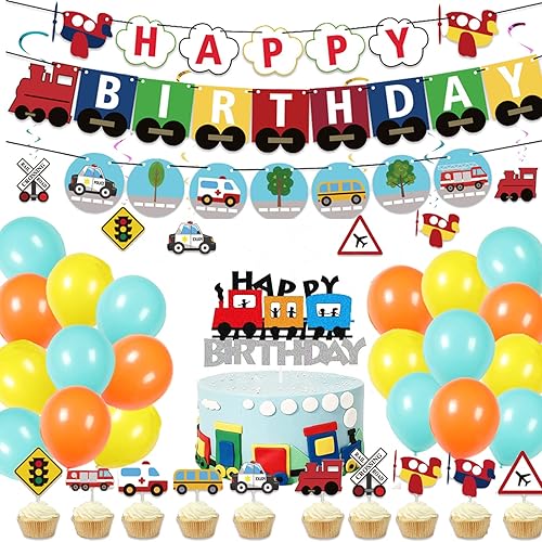CODOMOR - Juego de 66 piezas de decoración de fiesta de cumpleaños de transporte, suministros para fiesta de cumpleaños, decoración de tartas,