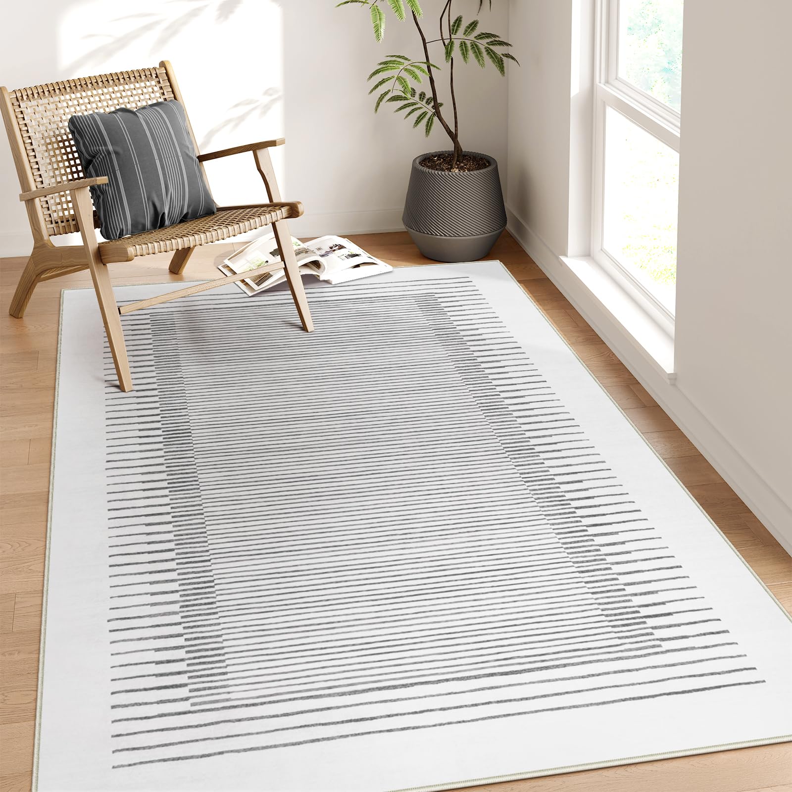 Wonnitar 5x7 Washable Striped Living Room Area Rug, Non-Slip Grey Boho Rugs for Bedroom, Low Pile Soft Minimalist Floor Carpets for Dining Room Home