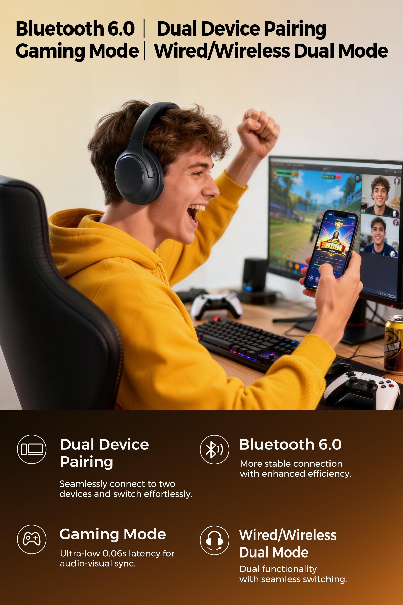 SoundPEATS Cove Pro Auriculares Inalámbricos Bluetooth 6.0, Cancelación Activa Híbrida, 7 Micrófonos, Hi-Res Dual Gold con LDAC, 95 h de Reproducción y EQ Personalizable, Carga Rápida