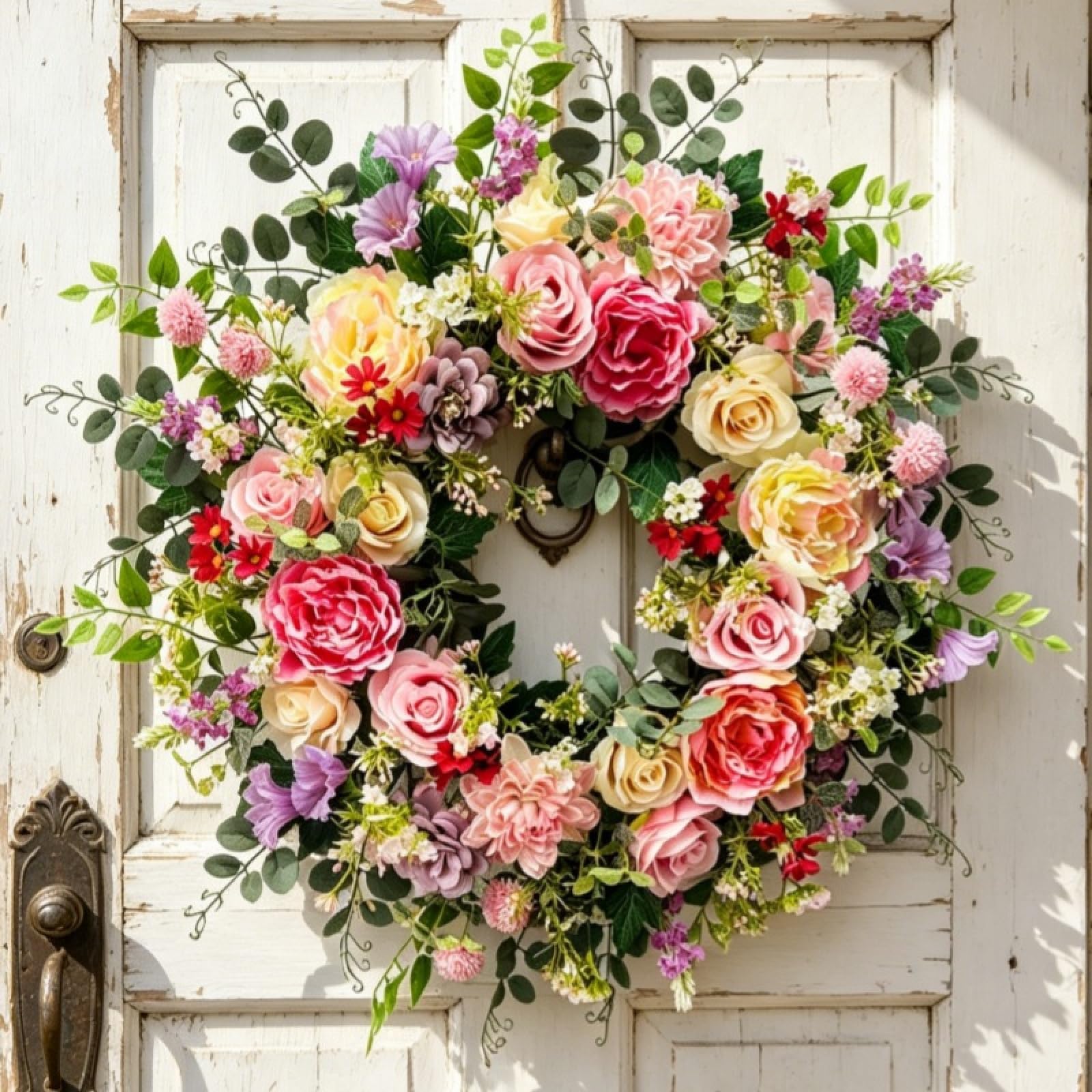 Künstlicher Rosenkranz mit Rosen Pfingstrose und Eukalyptus, 45 cm Frühlings- und Sommerkranz, für Garten, Eingangstür, Fenster, Hochzeit, Party, Festival, Weihnachten