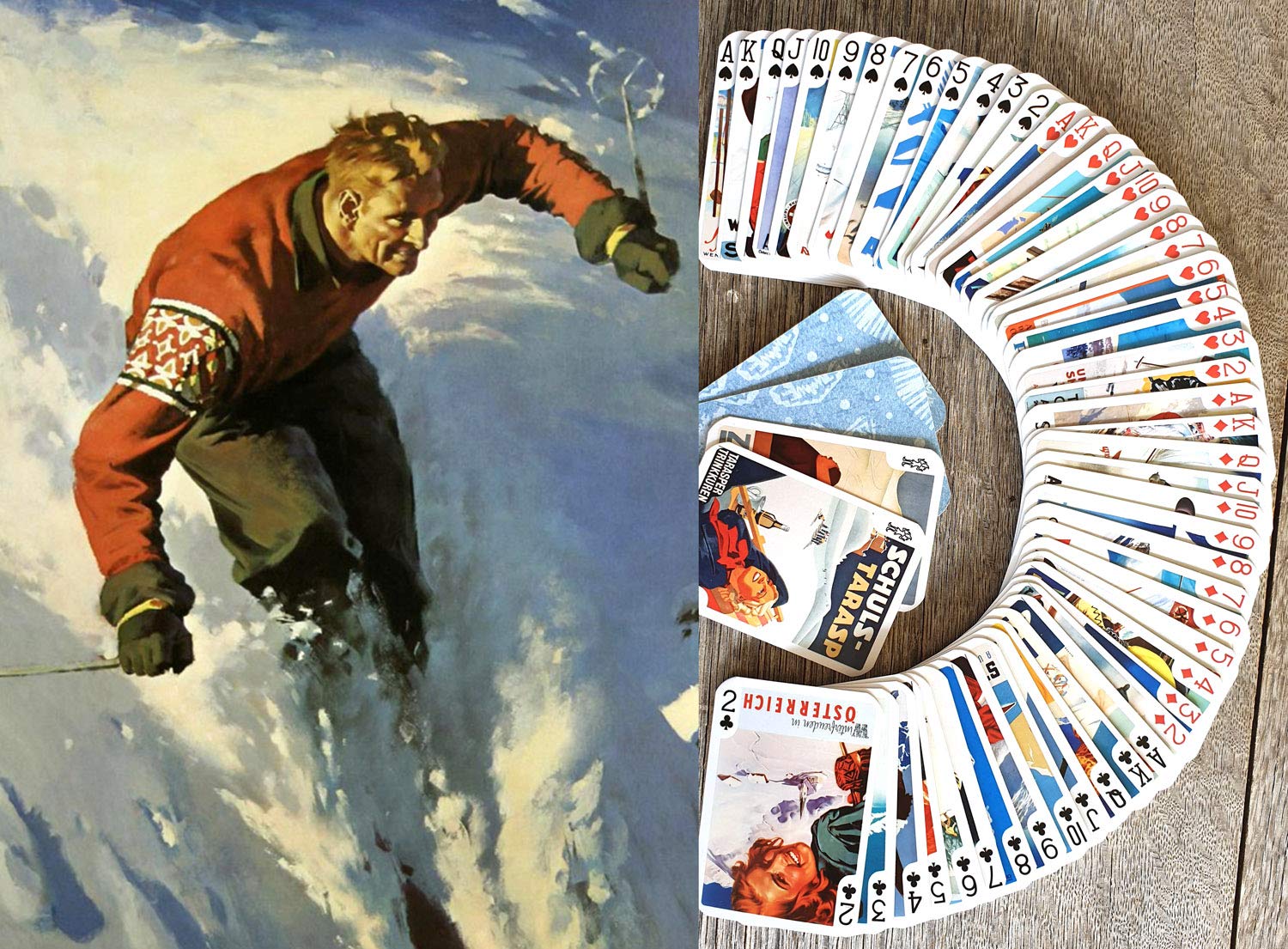 FLONZGIFT Winter Sport Playing Cards (Poker Deck 54 Cards All Different) Vintage Mountain Ski European Switzerland Airline Railroad Travel Poster