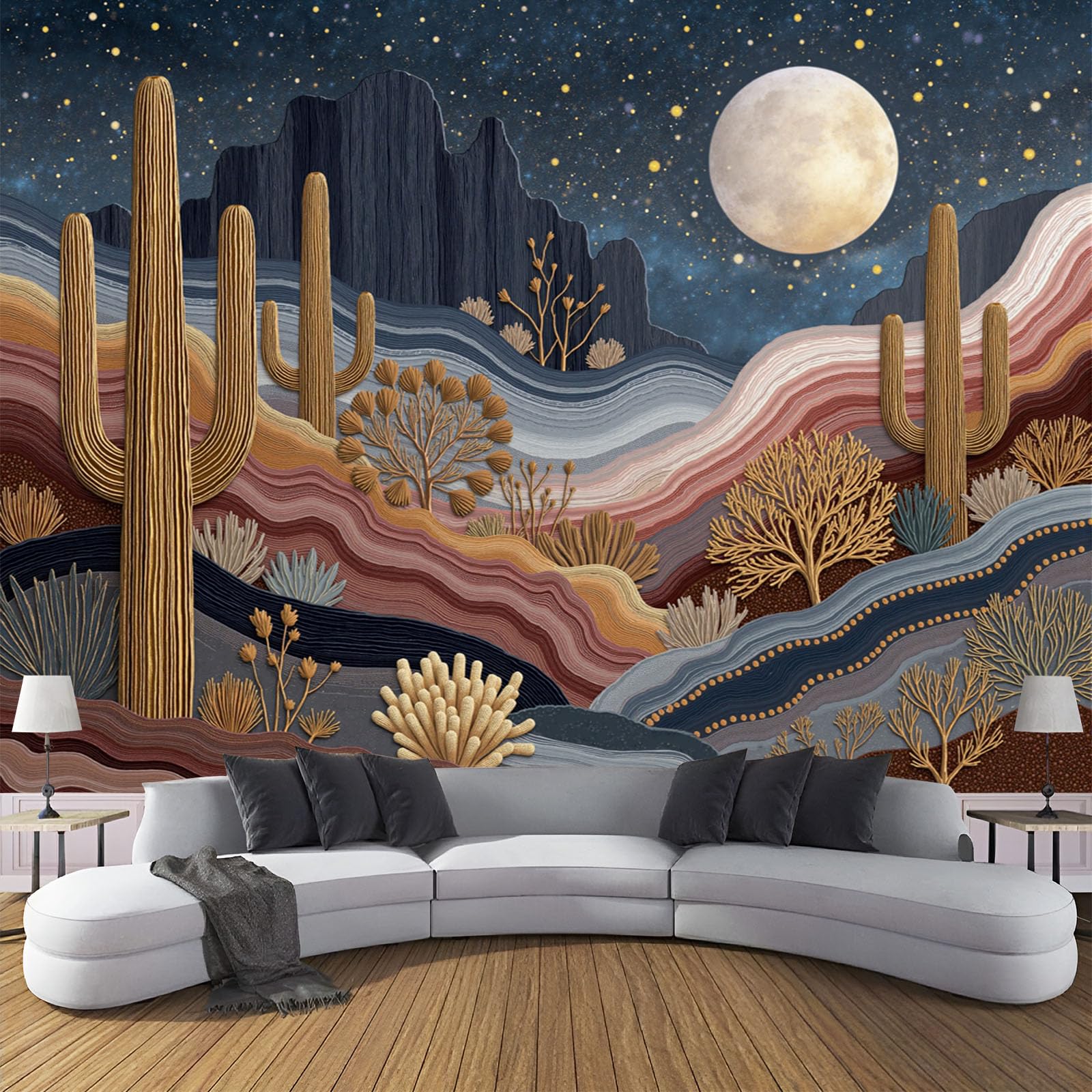 Papier peint panoramique cactus pour agrandir un salon et masquer les défauts