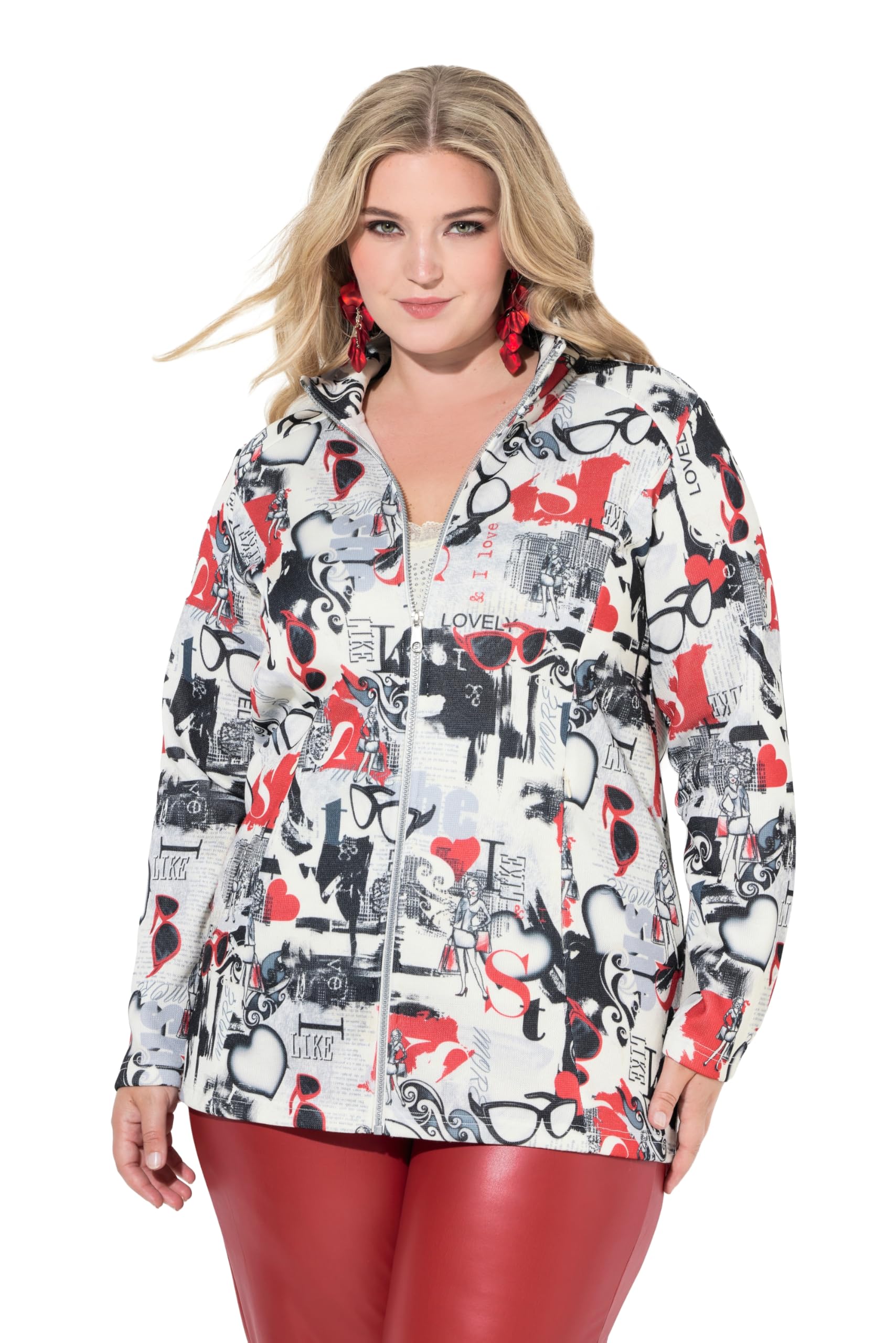 MIAMODA Damen große Größen Übergrößen Plus Size Strickfleece-Jacke, leicht tailliert, Patch-Print 845993
