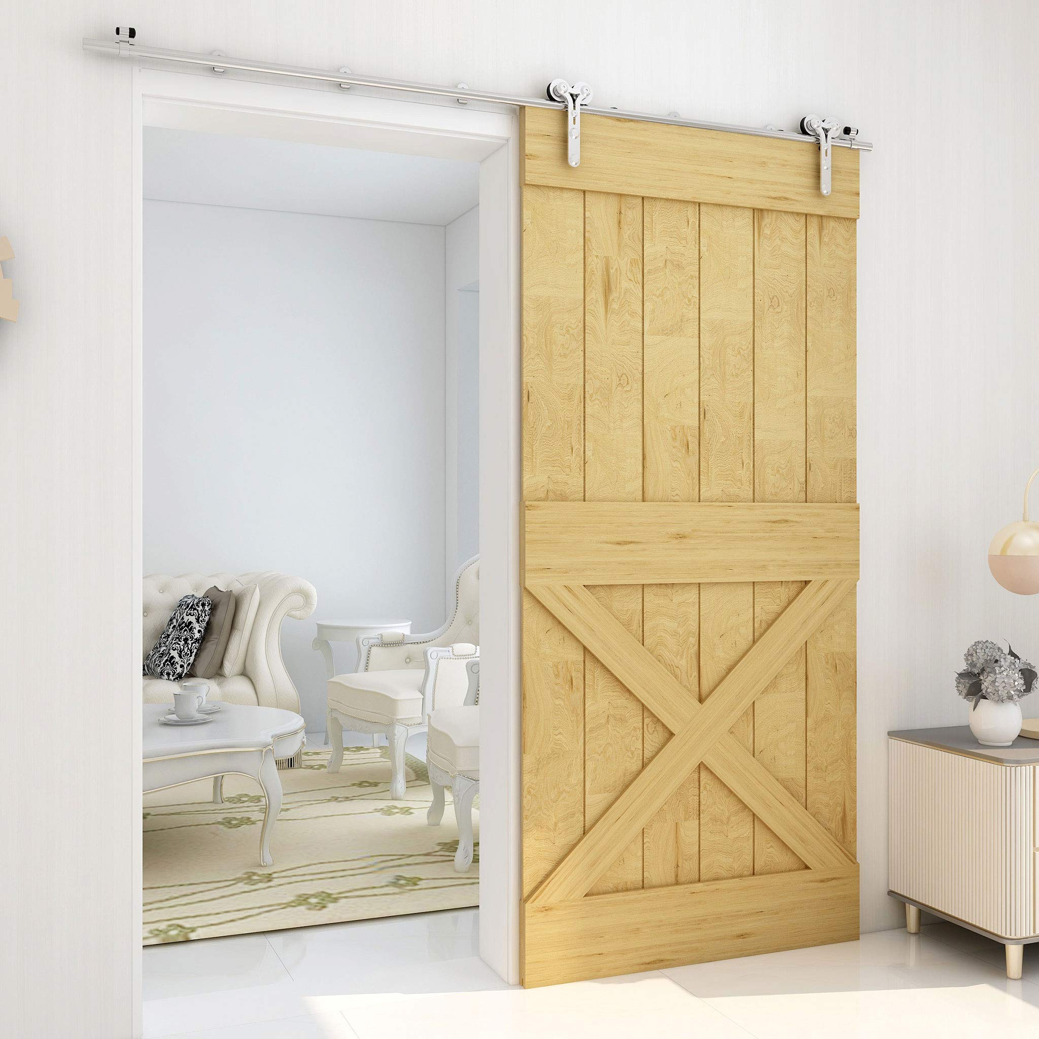 TSMST 5.5FT/167cm Herraje para Puerta Corredera Kit de Acero Inoxidable Accesorios para Puertas Correderas, Riel Juego para Puerta de Madera Soltera-Estilo Y